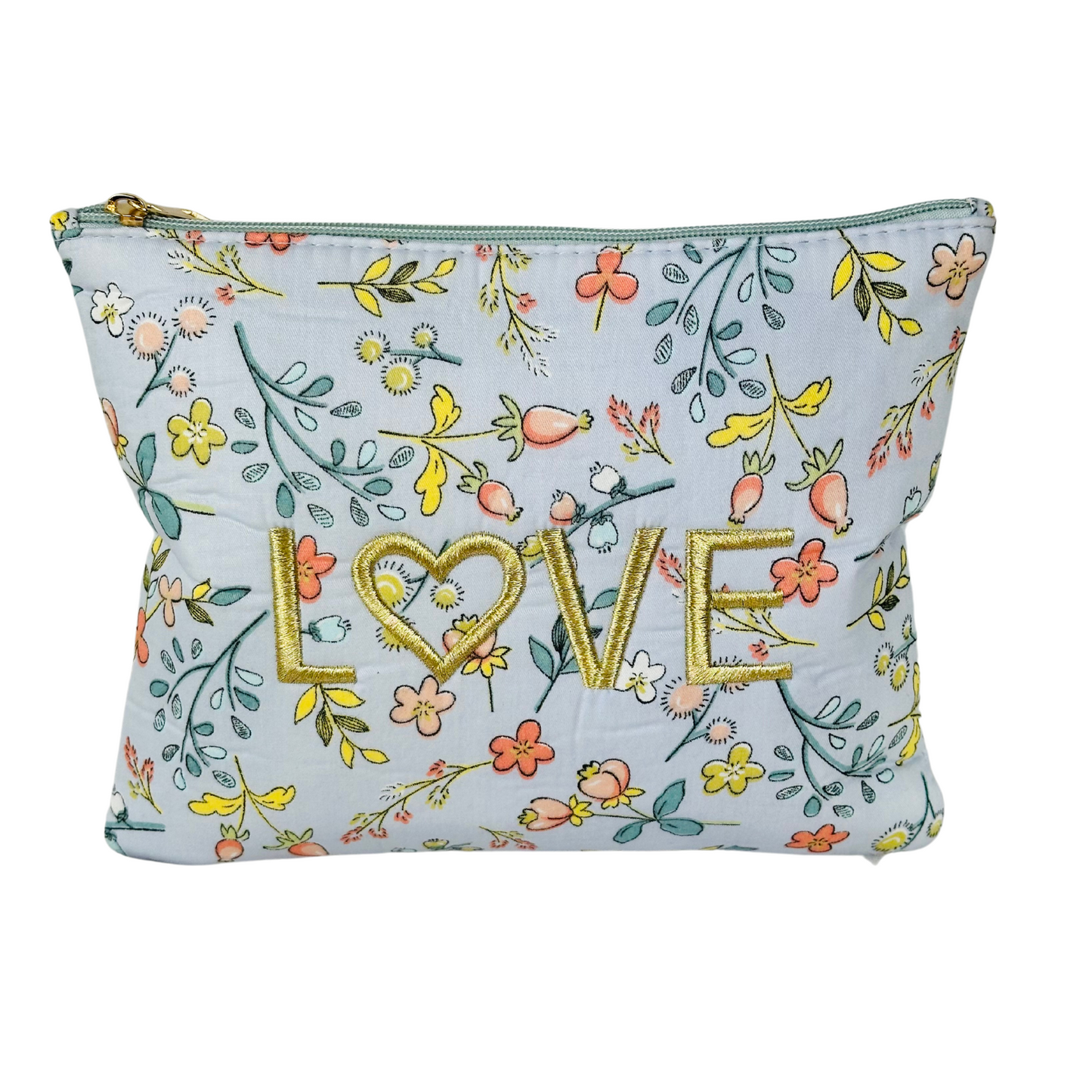 Trousse de toilette matelassée bleue | Trousse de maquillage matelassée | En coton| Trousse fleurie " LOVE " | Idée cadeau