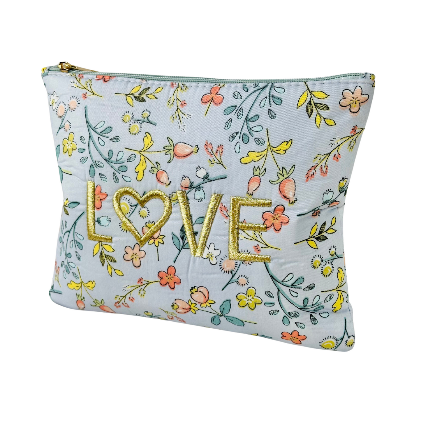 Trousse de toilette matelassée bleue | Trousse de maquillage matelassée | En coton| Trousse fleurie " LOVE " | Idée cadeau