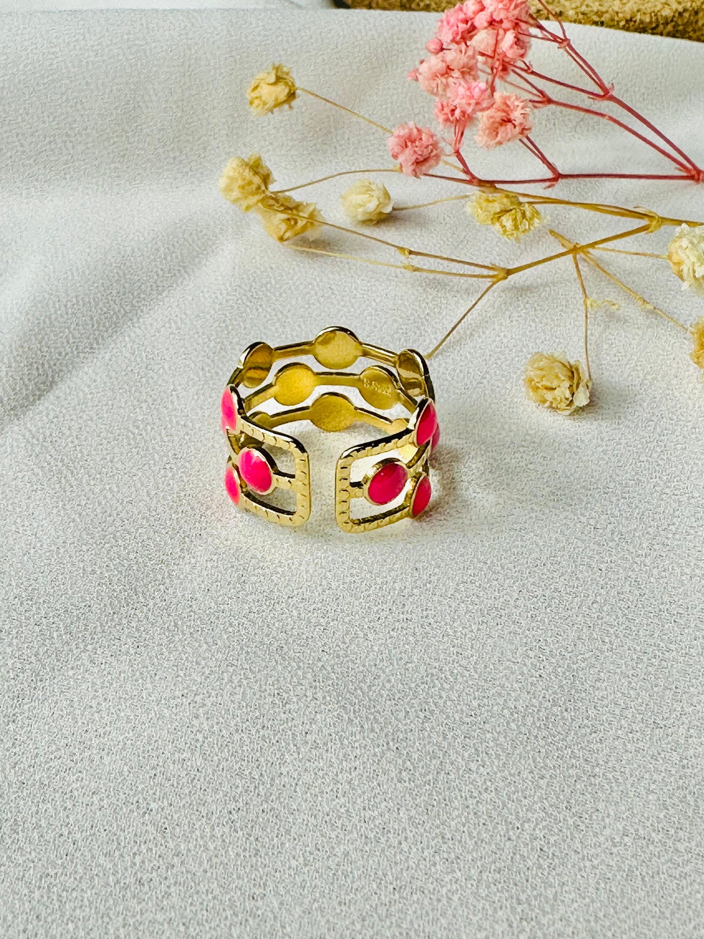 ROSA adjustable stainless steel ring for women - multi-row gold ring with fuschia beads - Gift idea - jewelry for women.