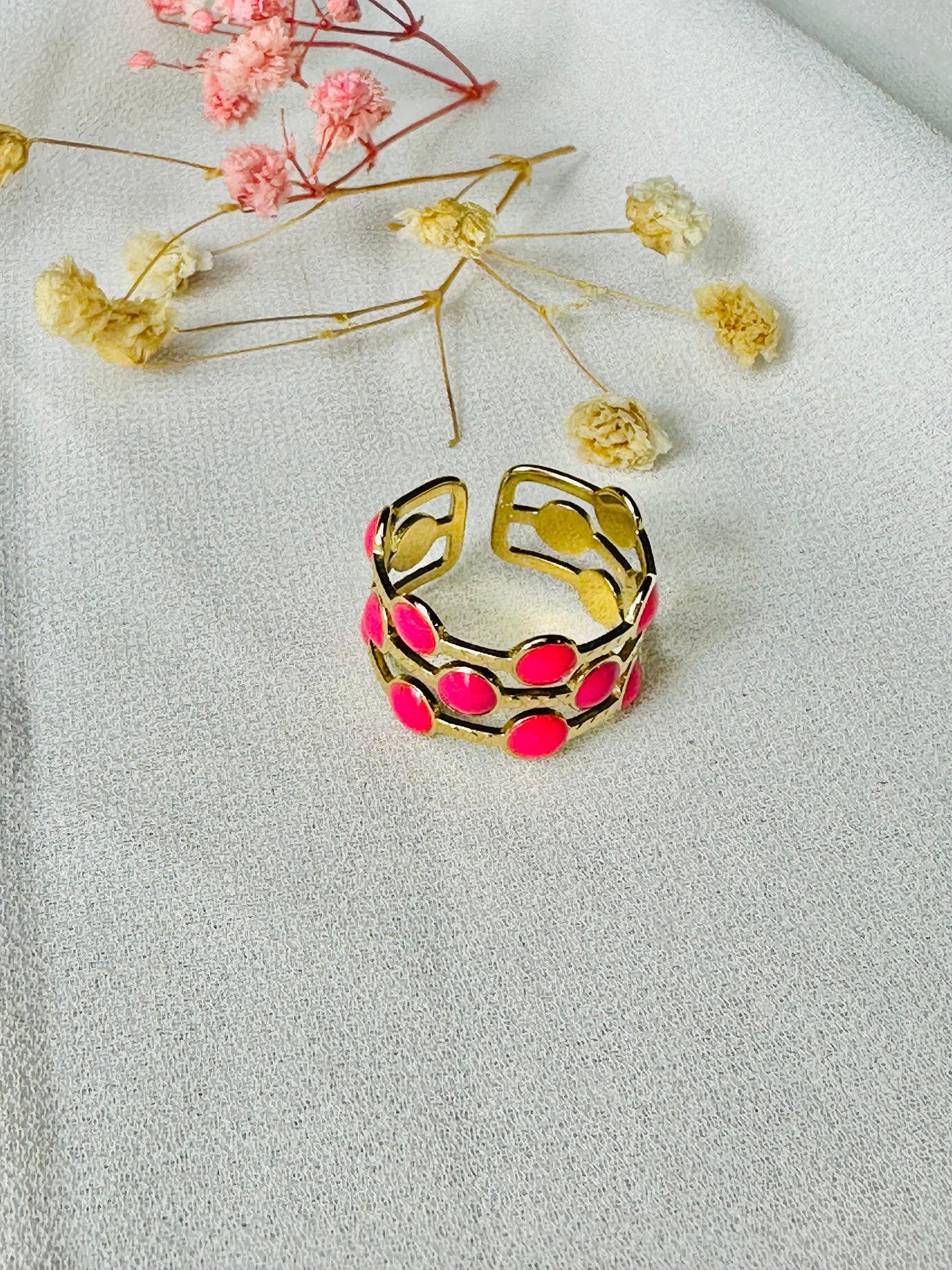 ROSA adjustable stainless steel ring for women - multi-row gold ring with fuschia beads - Gift idea - jewelry for women.