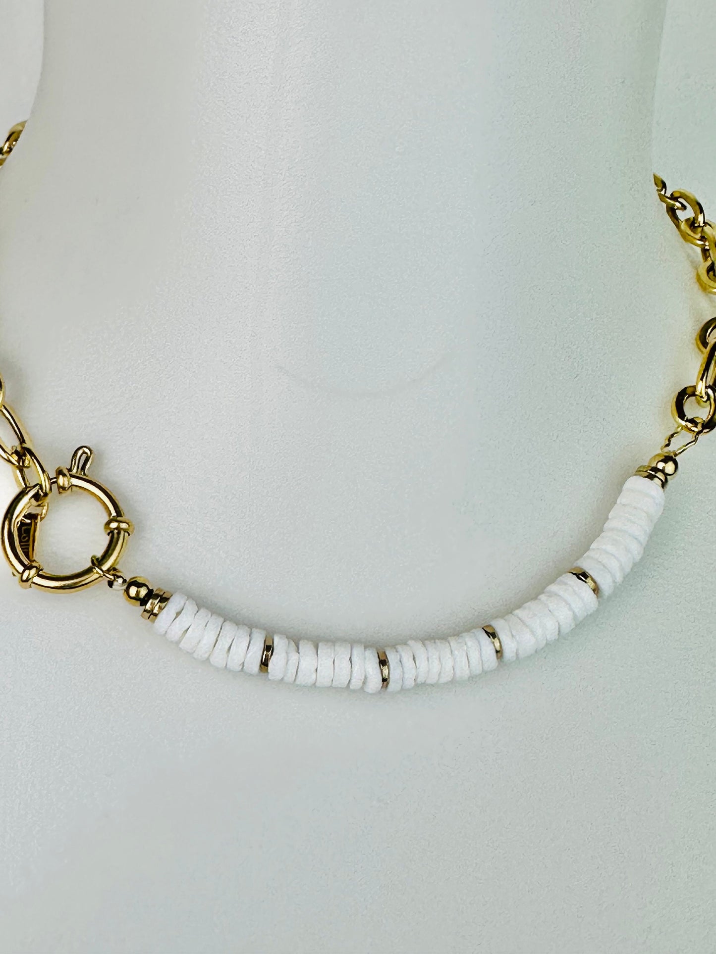 MARINE necklace, pretty white semi-precious stones, thick golden stainless steel chain, Gift idea, Women's jewelry.