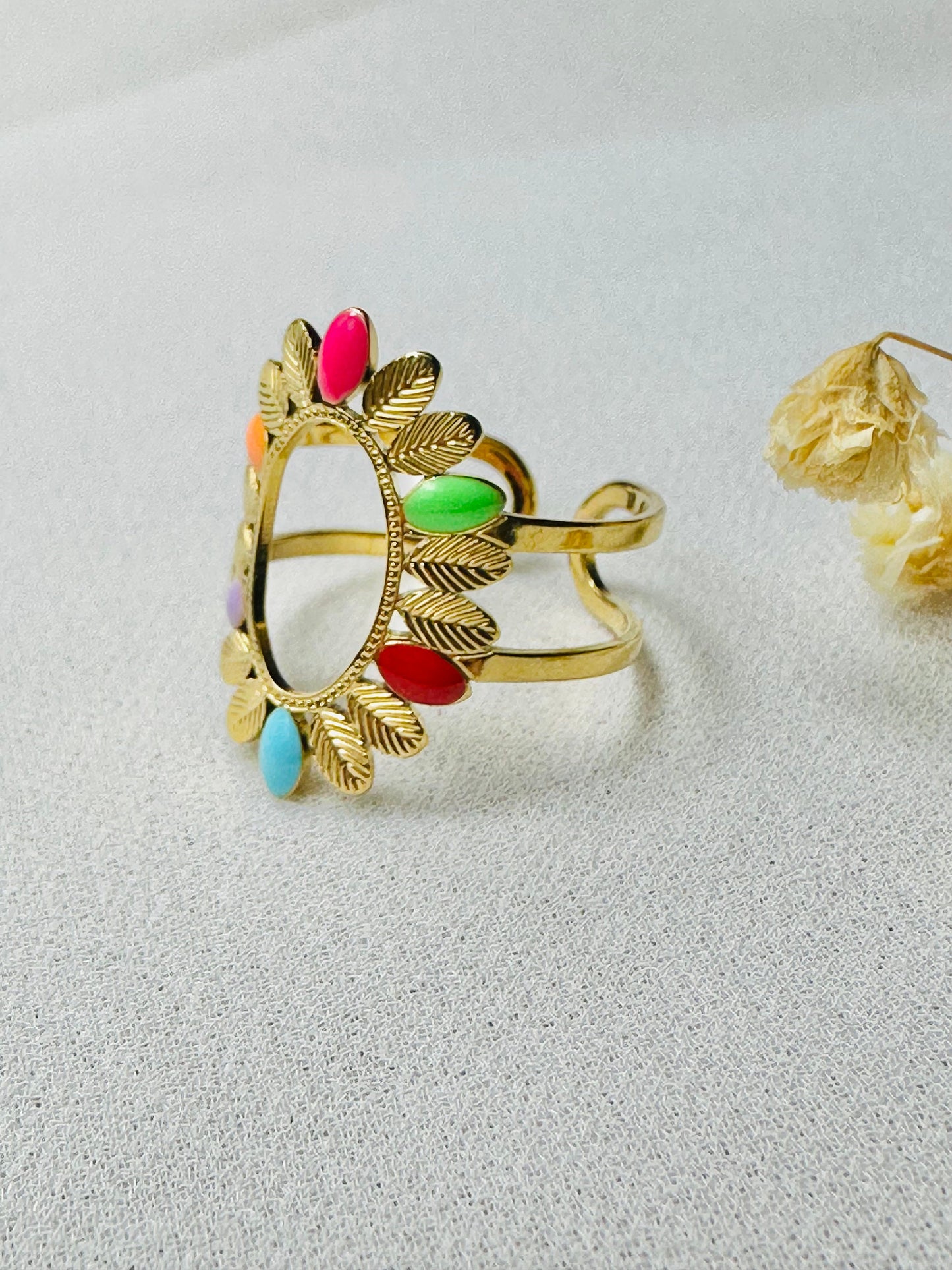 ELEGANCE adjustable stainless steel ring for women - oval ring in the shape of a colorful enamel flower - gift - jewelry for women.
