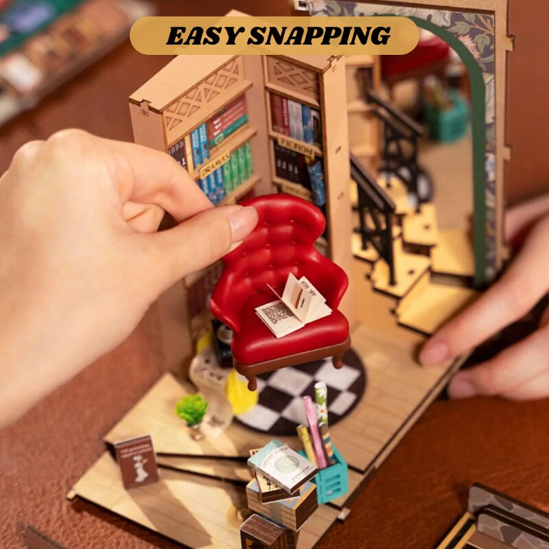 Book nook Bibliothèque cosy | Thème librairie | Décoration d’étagère | Miniature de bibliothèque | Cadeau mignon pour enfants et adultes.