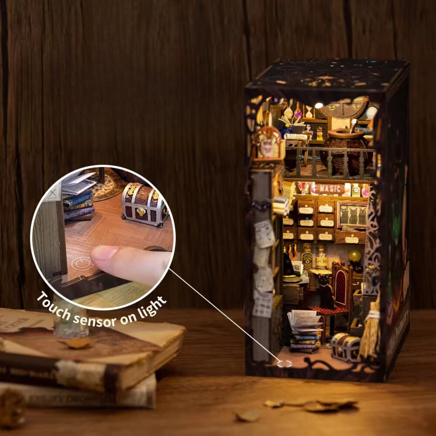 Book nook Le Chat Alchimiste | Petit havre magique du pharmacien | Décoration d’étagère | Miniature en bois à assembler soi-même | Serre-livres parfait pour Noël.