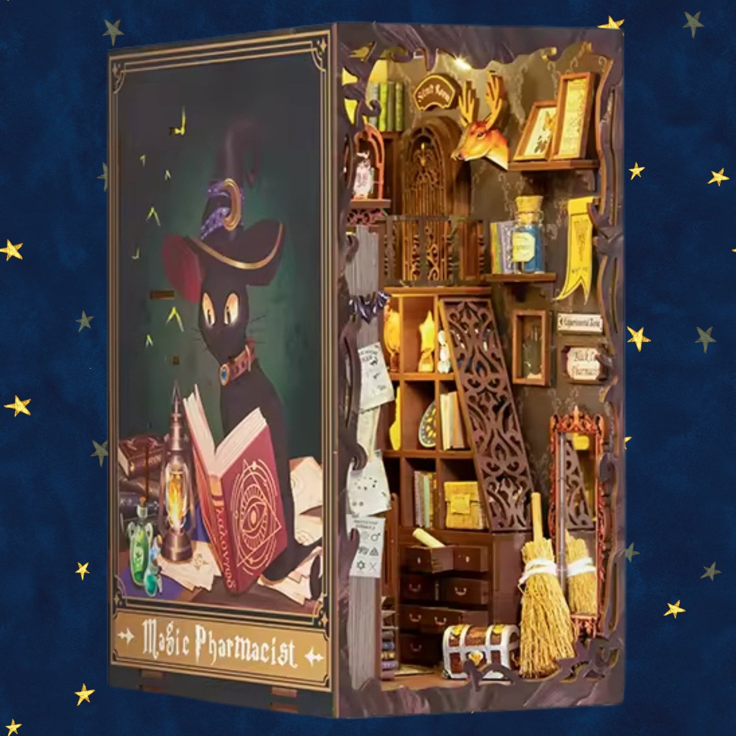 Book nook Le Chat Alchimiste | Petit havre magique du pharmacien | Décoration d’étagère | Miniature en bois à assembler soi-même | Serre-livres parfait pour Noël.