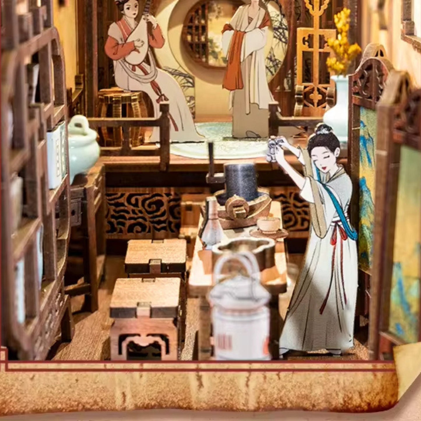 Musical Tea House book nook – Décoration d'étagère élégante au rythme de la musique – Puzzle miniature en bois 3D à assembler soi-même – Cadeau parfait en guise de serre-livres