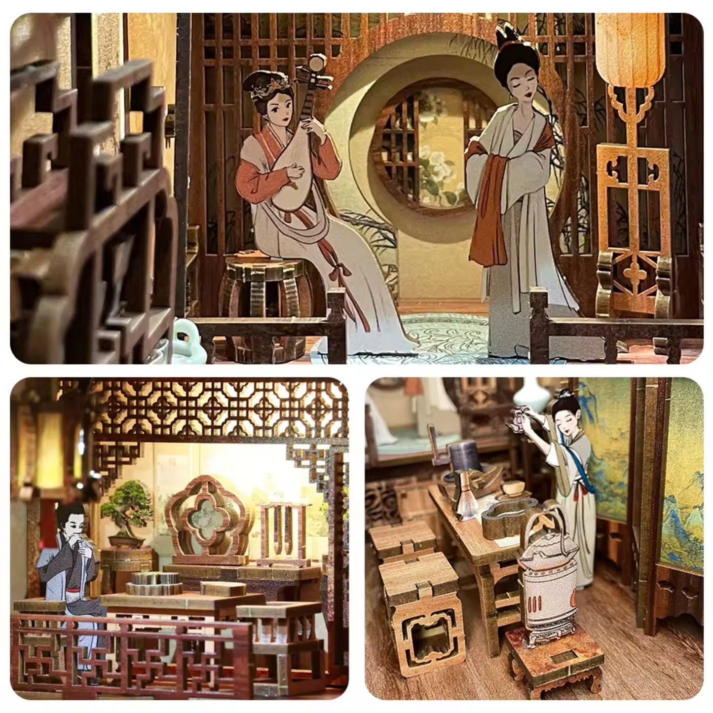 Musical Tea House book nook – Décoration d'étagère élégante au rythme de la musique – Puzzle miniature en bois 3D à assembler soi-même – Cadeau parfait en guise de serre-livres