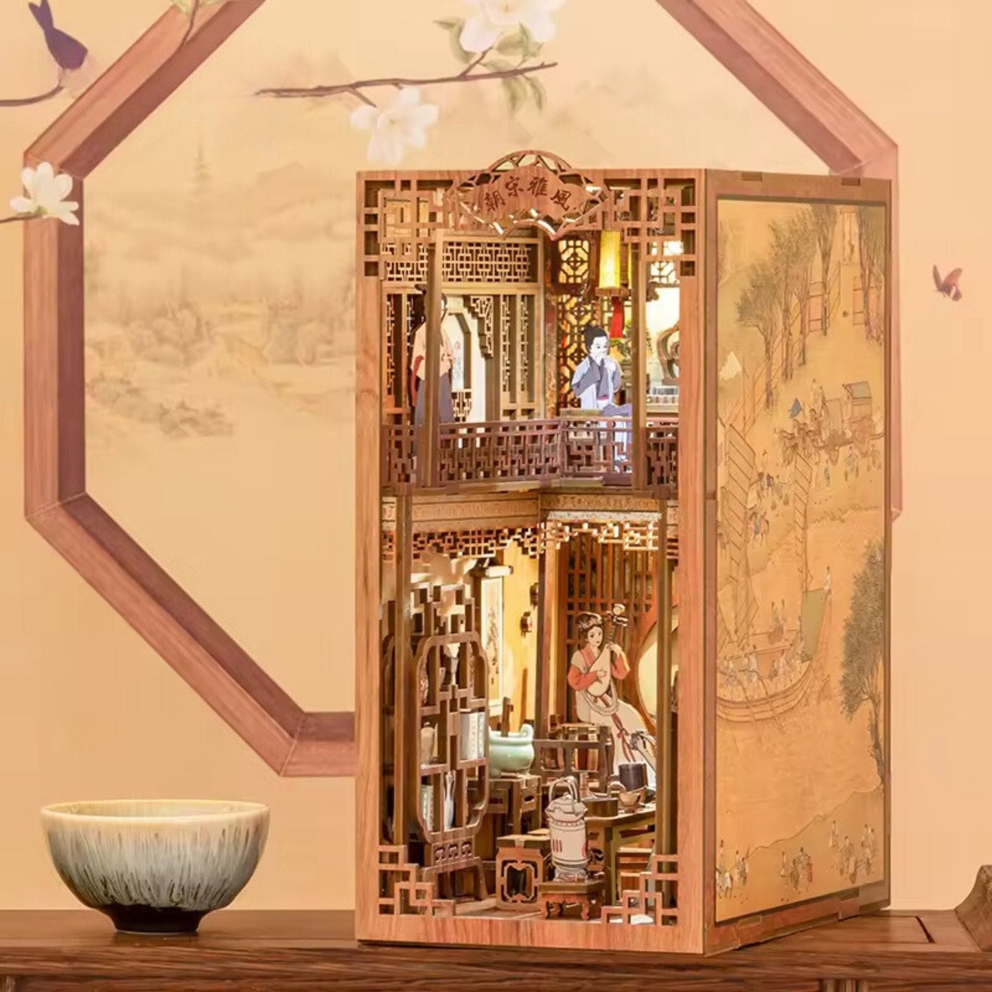Musical tea house Book nook | Elegant song rhythm Bookshelf decoration | 3D DIY Wooden Puzzle Miniature| Perfect book ends gift.