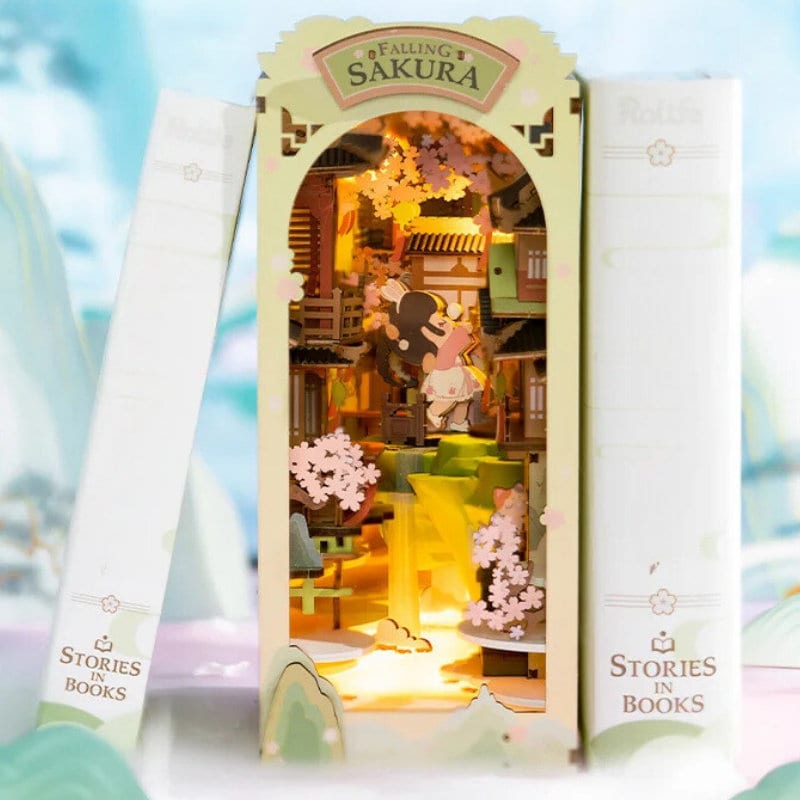 Book nook style japonais avec sakura, décoration d'étagère, miniature de bibliothèque, cadeau pour lui et elle.