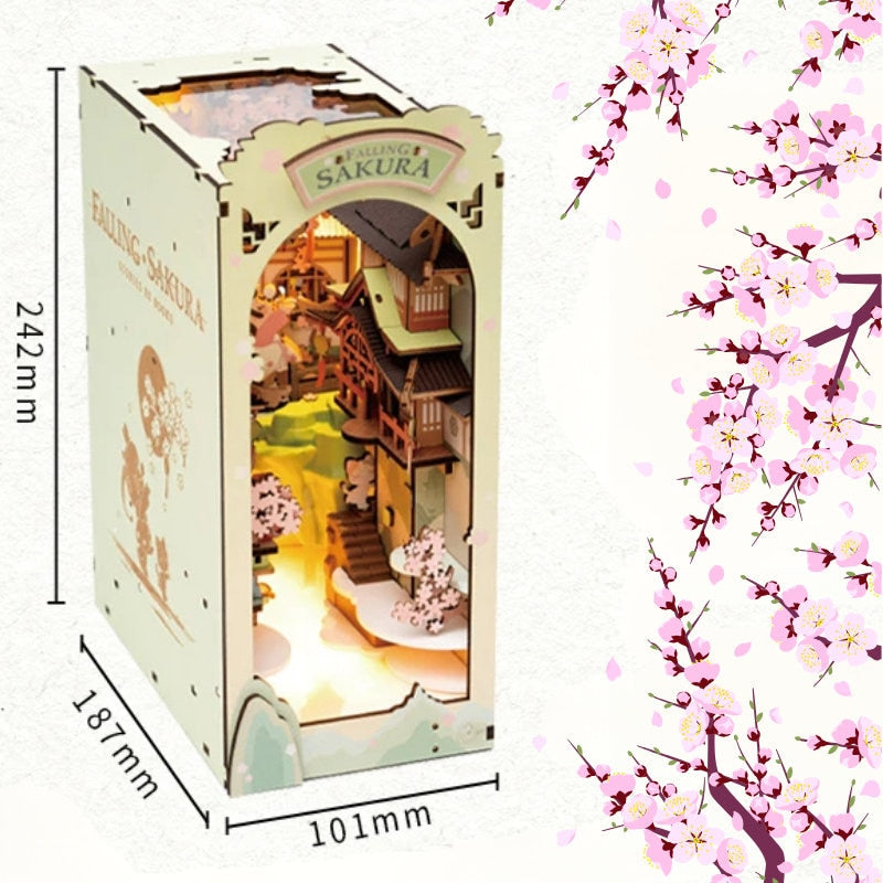 Book nook style japonais avec sakura, décoration d'étagère, miniature de bibliothèque, cadeau pour lui et elle.