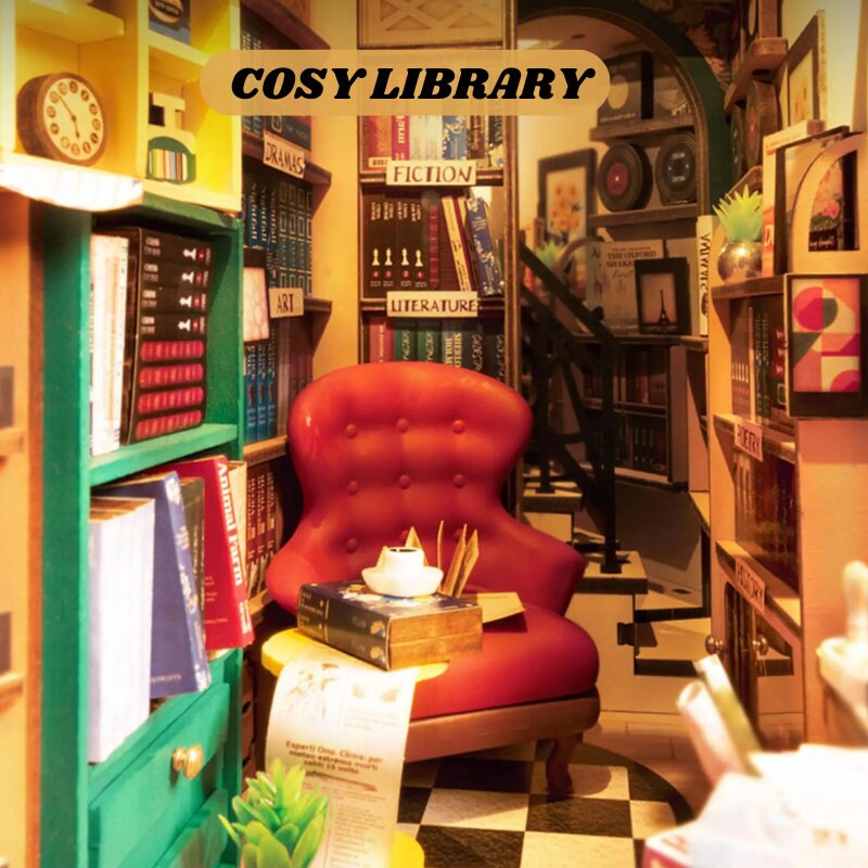 Book nook Bibliothèque cosy | Thème librairie | Décoration d’étagère | Miniature de bibliothèque | Cadeau mignon pour enfants et adultes.