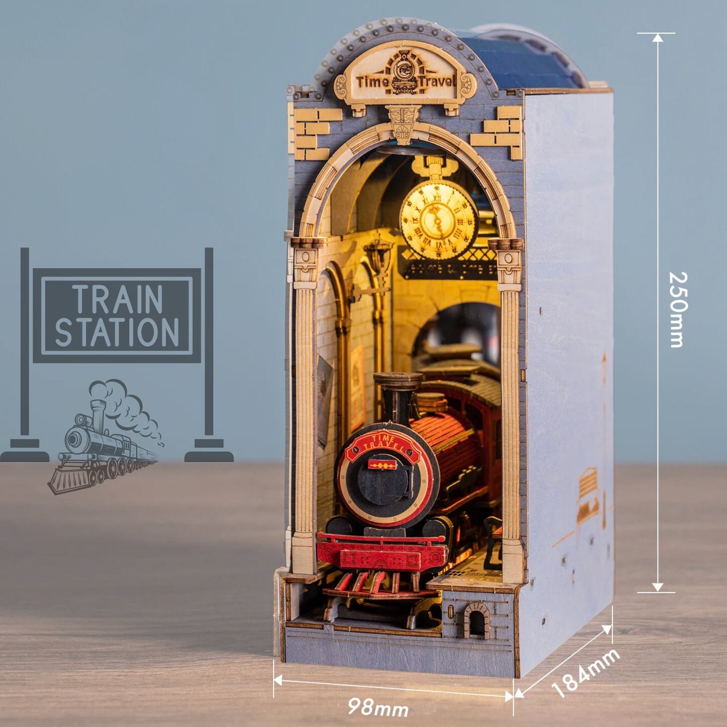 Time Train Station book nook – Décoration d'étagère – Miniature de bibliothèque en guise de serre-livres – Cadeau parfait pour enfants et adultes