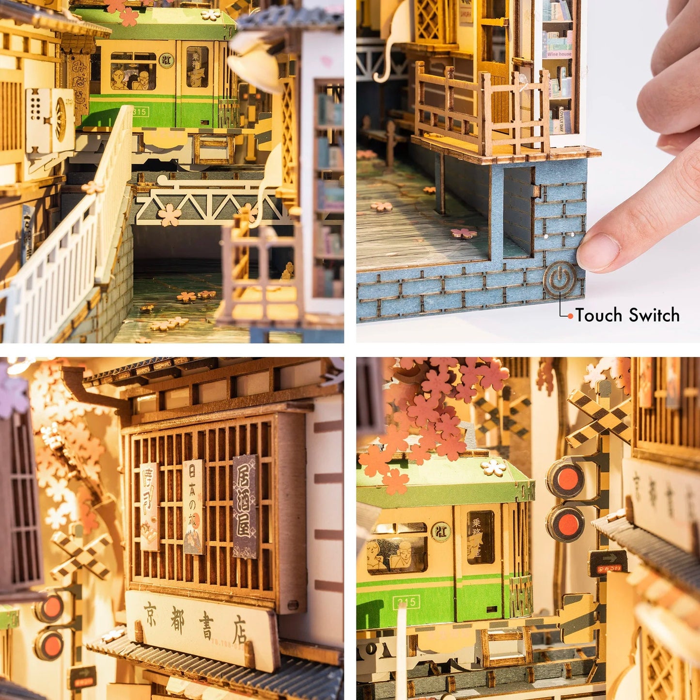 Book nook Sakura japonaise | Train sous les cerisiers | Décoration d’étagère | Miniature en bois à assembler soi-même | Cadeau parfait pour lui & elle.