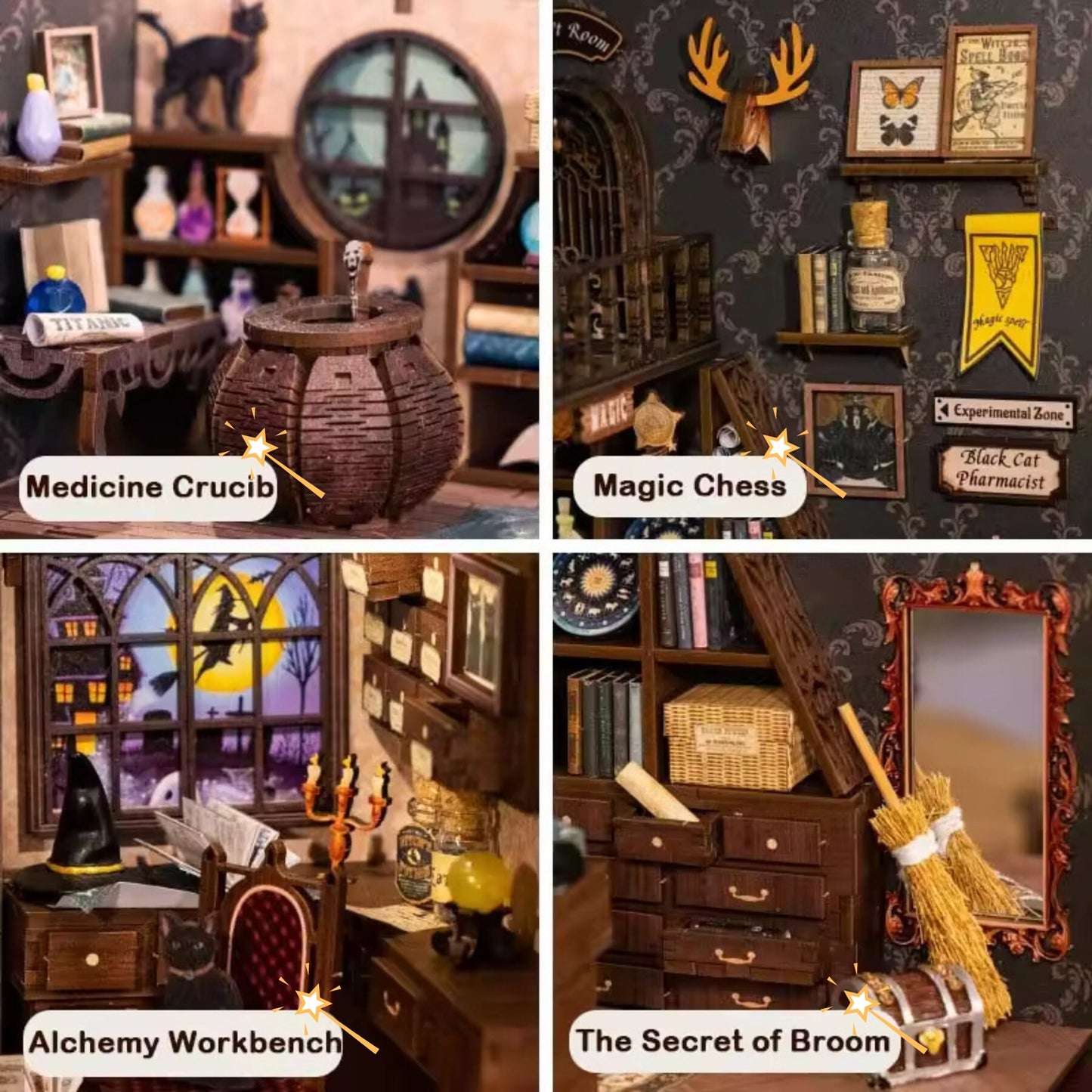 Book nook Le Chat Alchimiste | Petit havre magique du pharmacien | Décoration d’étagère | Miniature en bois à assembler soi-même | Serre-livres parfait pour Noël.
