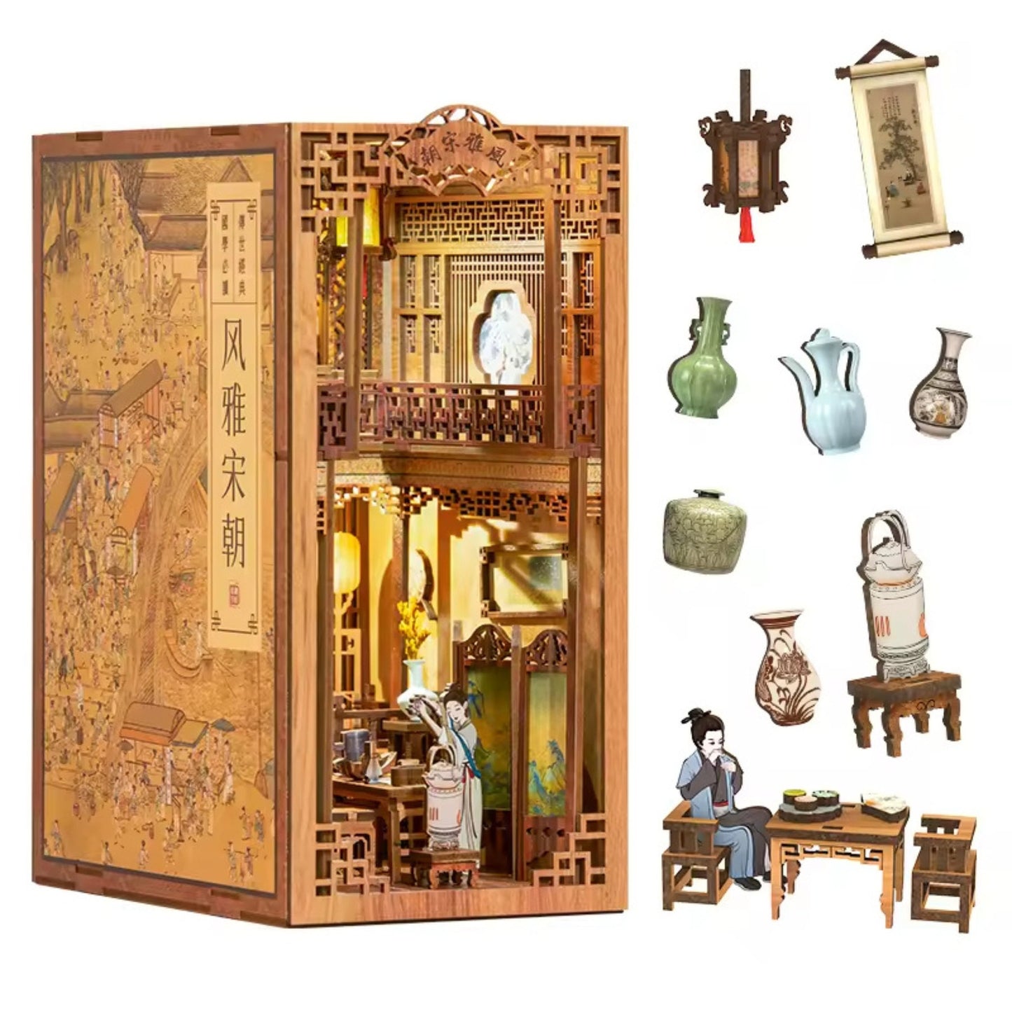 Musical Tea House book nook – Décoration d'étagère élégante au rythme de la musique – Puzzle miniature en bois 3D à assembler soi-même – Cadeau parfait en guise de serre-livres