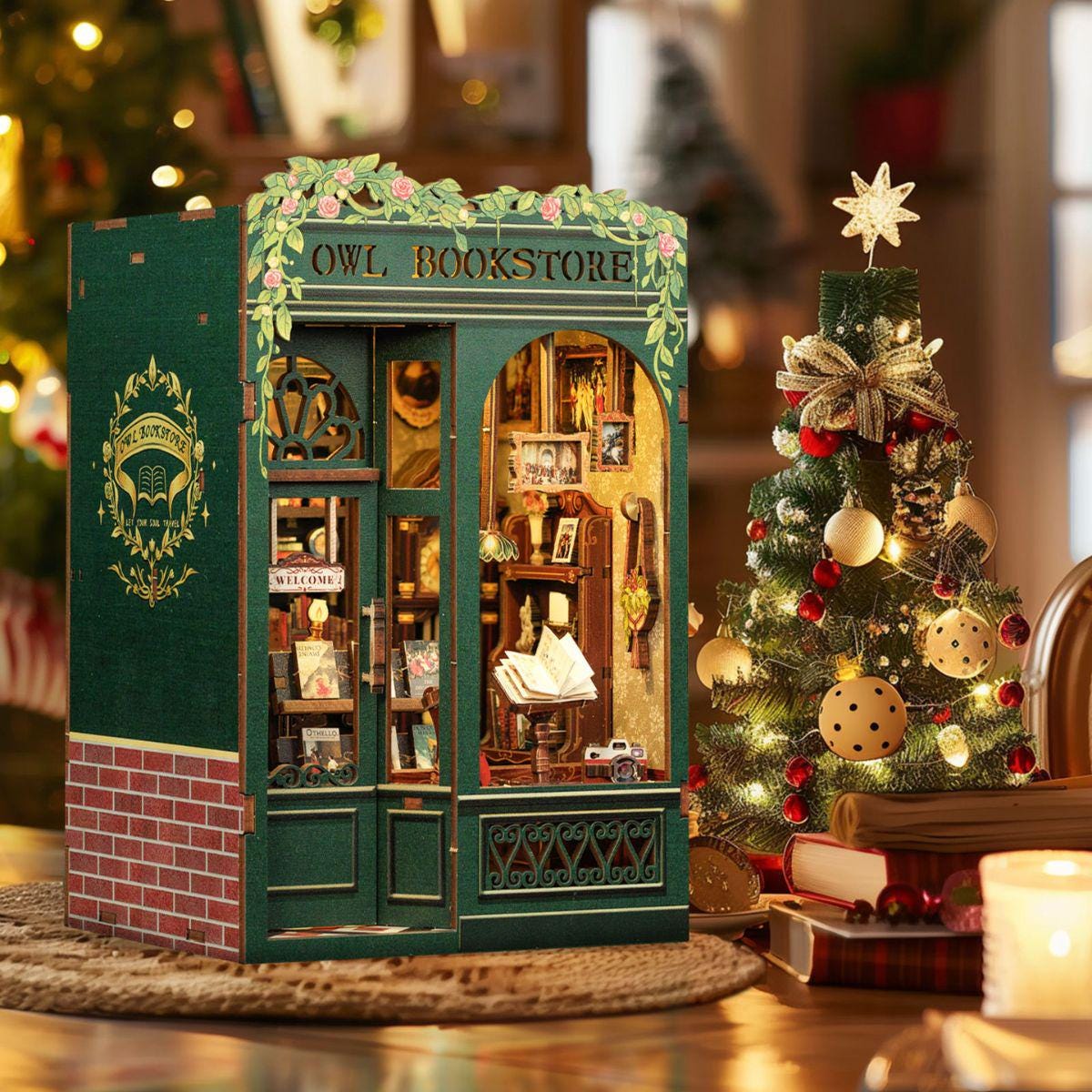 The Owl Bookstore book nook – Mini maison de poupée en décoration d'étagère – Serre-livres – Puzzle miniature en bois 3D à assembler soi-même – Cadeau parfait pour serre-livres