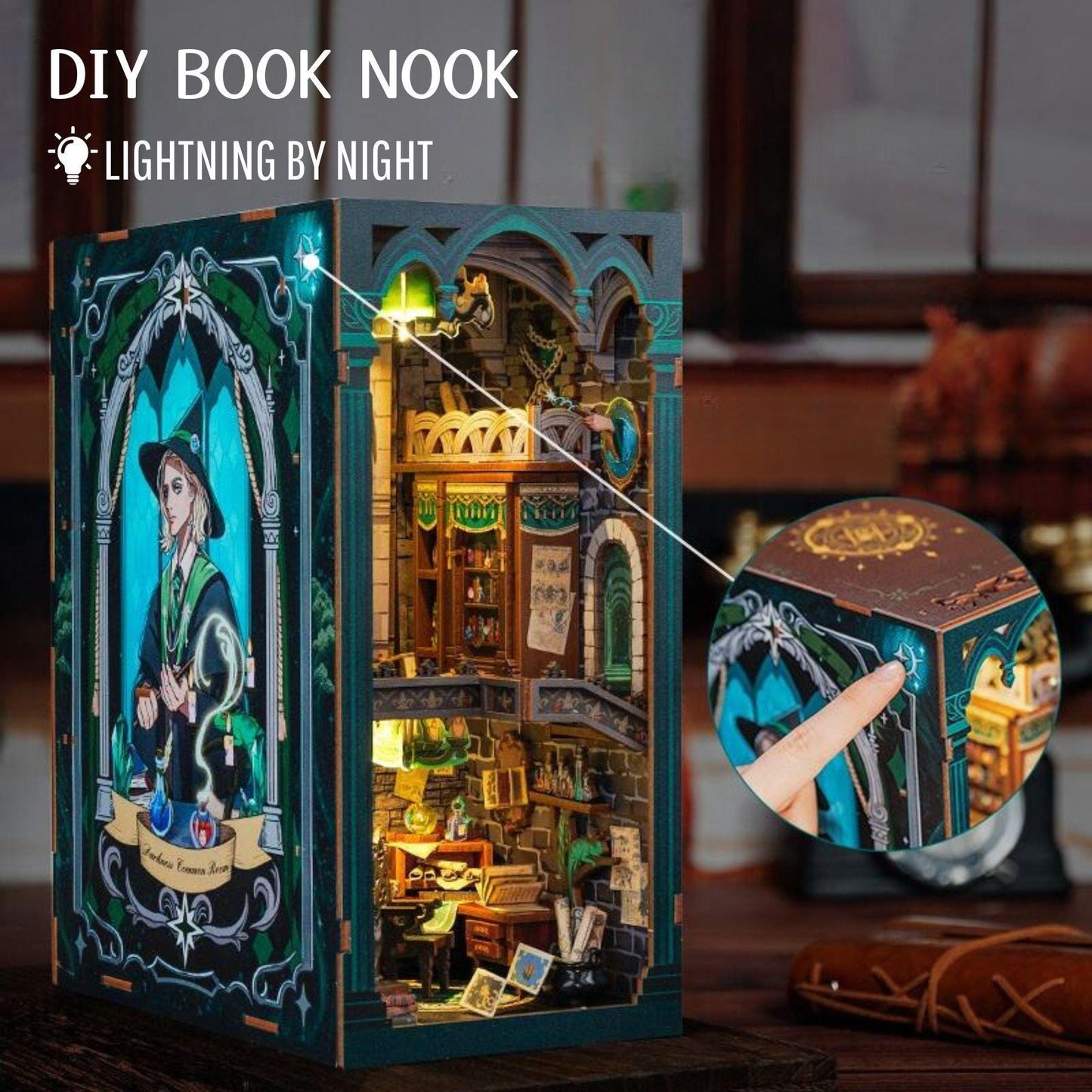 Darkness Room book nook – Décoration d’étagère magique – Puzzle miniature en bois 3D à assembler soi-même – Cadeau parfait de serre-livres pour Noël