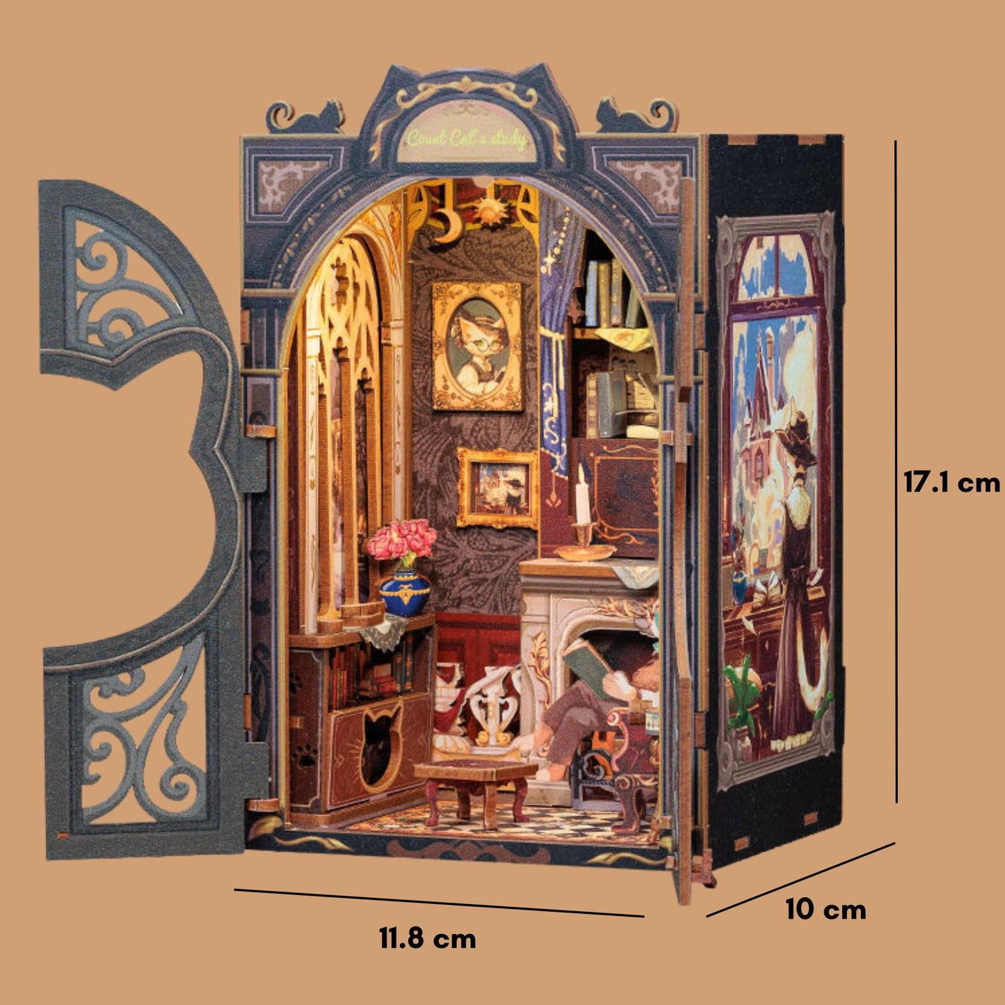 Cat Book Nook: 3D DIY Wooden Puzzle Miniature Bookshelf Insert