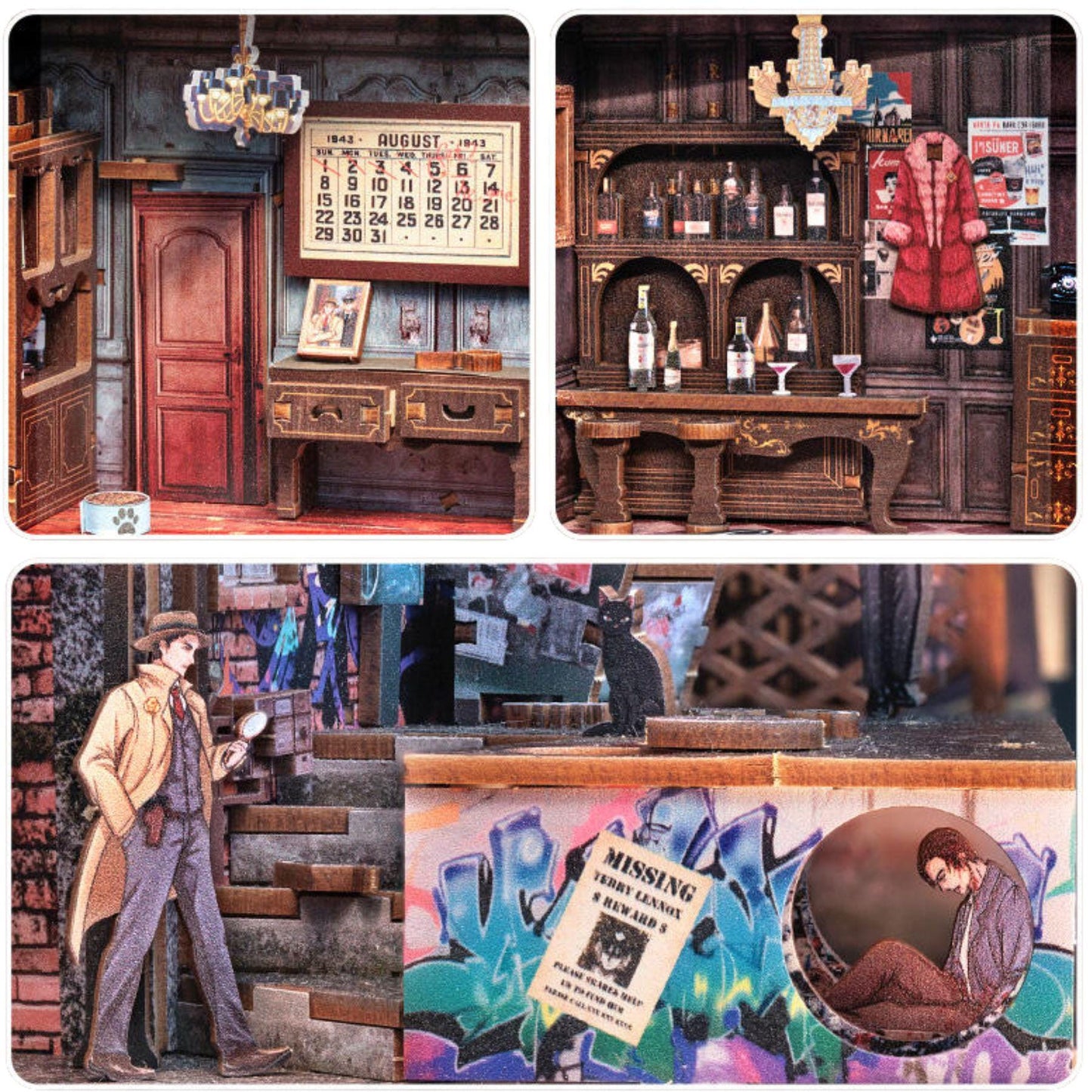 The Goodbye Mystery book nook – Décoration d’étagère détective – Puzzle miniature en bois 3D à assembler soi-même – Cadeau de Noël – Mystère soirée cocktail