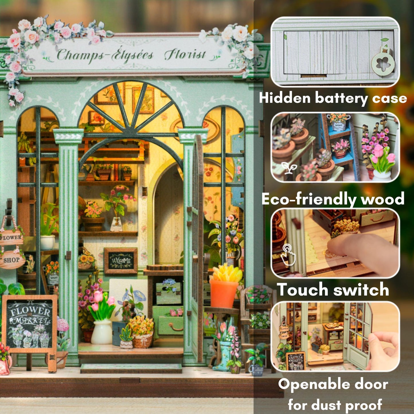 The Parisian Florist Book Nook | Boutique de Fleurs des Champs-Élysées | Décoration de Bibliothèque | Serre-livres | Miniature Puzzle en Bois 3D DIY | Pour Amoureux des Livres