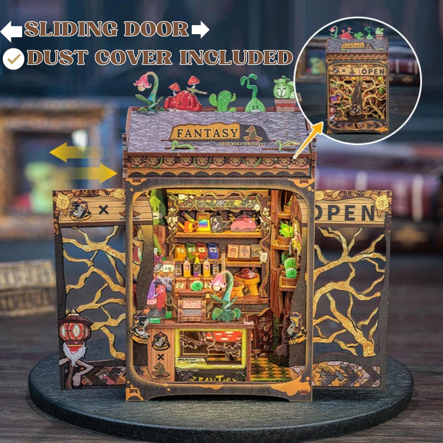 Mini Fantasy Shop book nook – Petite boutique fleurie fantastique en décoration d’étagère – Serre-livres – Puzzle miniature en bois 3D à assembler soi-même – Cadeau parfait