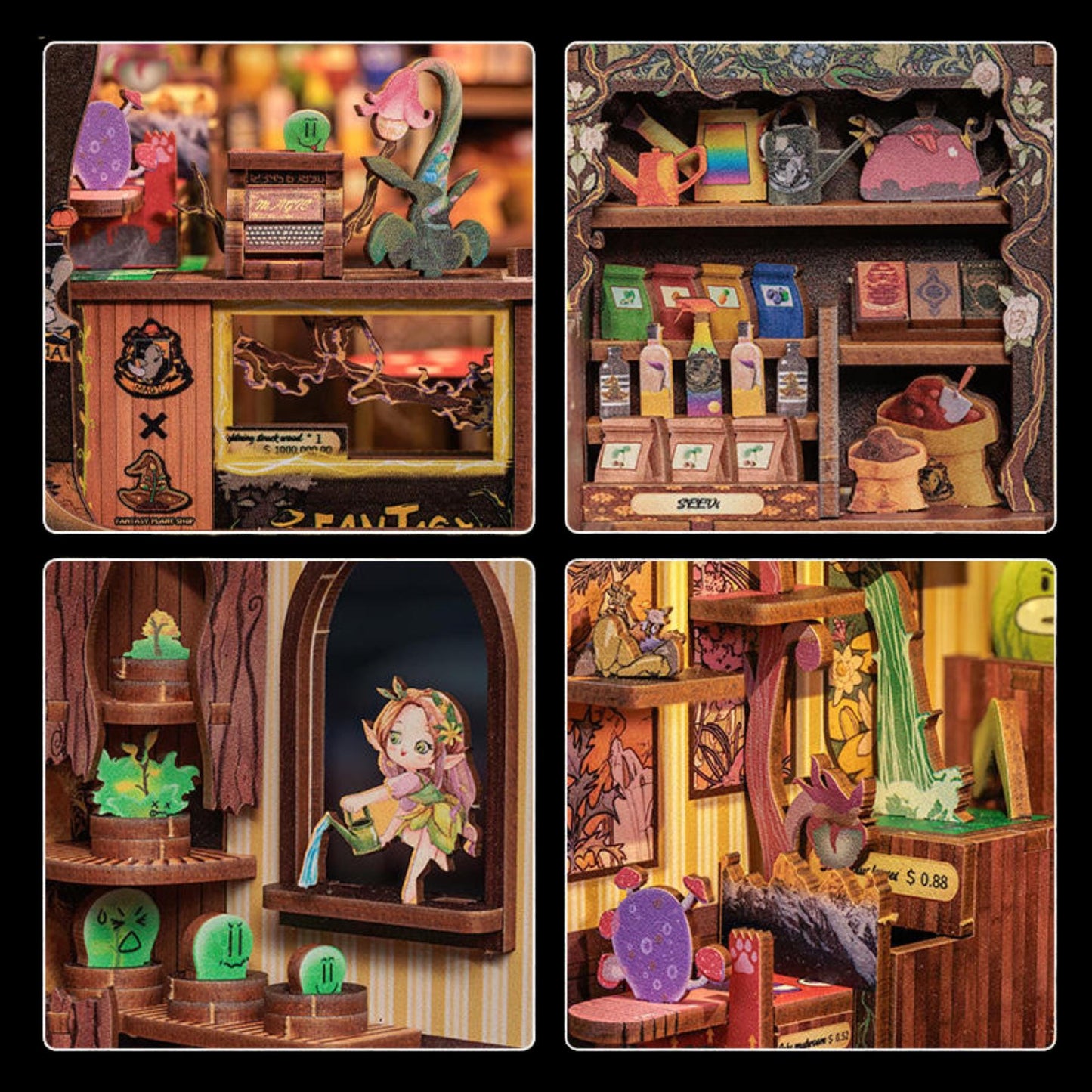 Mini Fantasy Shop book nook – Petite boutique fleurie fantastique en décoration d’étagère – Serre-livres – Puzzle miniature en bois 3D à assembler soi-même – Cadeau parfait