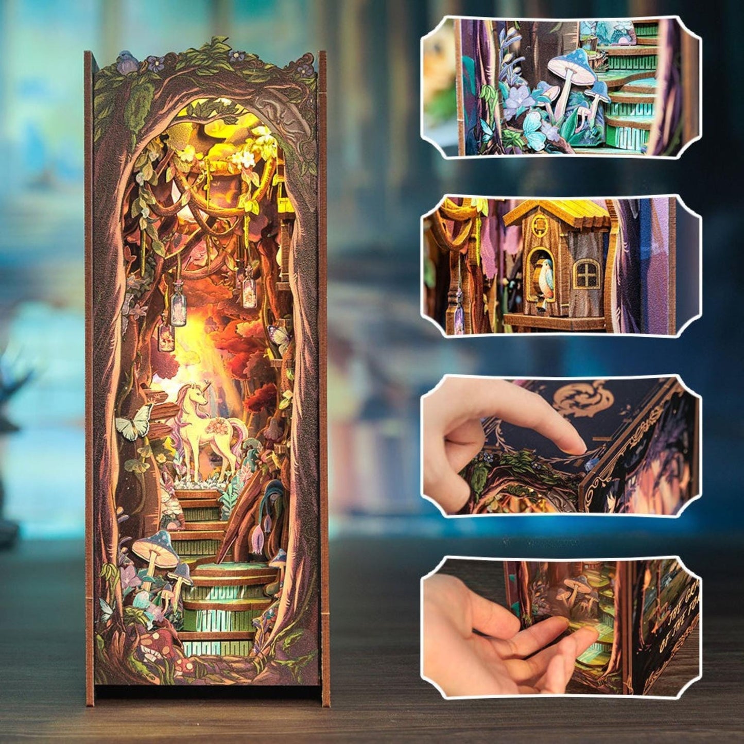 Whispers of the Forest book nook – La grâce de la forêt en décoration d'étagère – Puzzle miniature en bois 3D à assembler soi-même – Cadeau parfait en guise de serre-livres