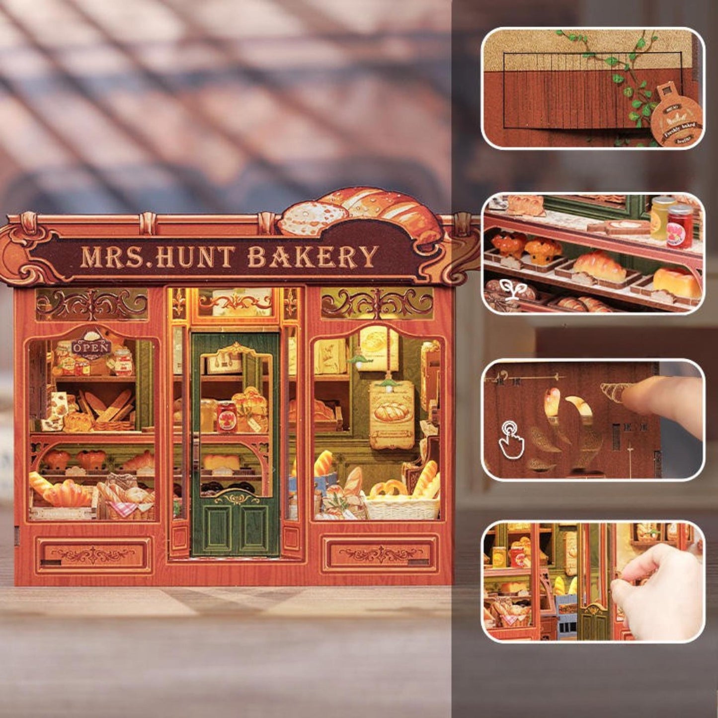Book nook La boulangerie | Décoration d’étagère MRS Hunt Bakery | Puzzle miniature 3D en bois à assembler soi-même | Cadeau parfait en tant que serre-livres.