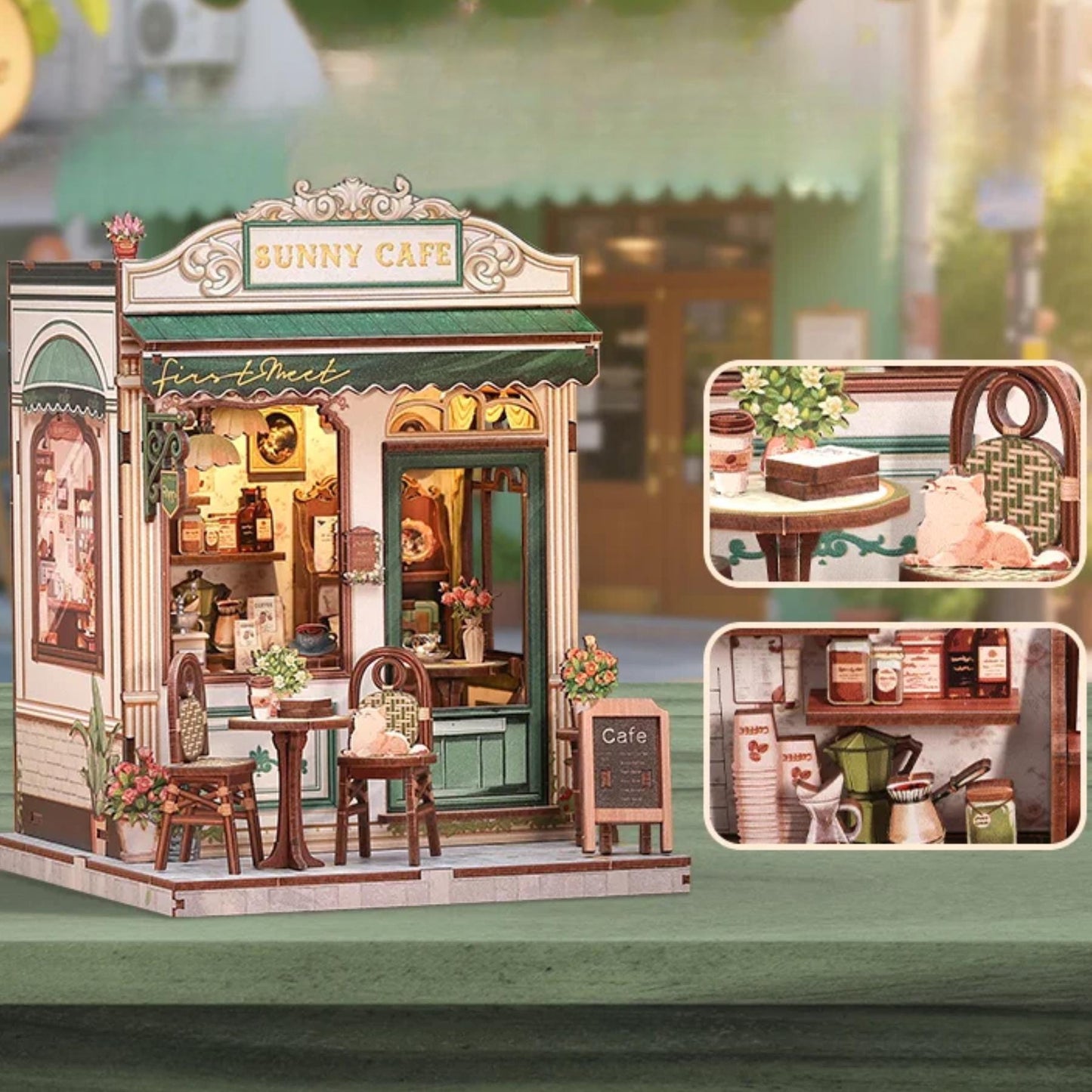The Sunny Cafe book nook – Décoration d'étagère style café rétro – Puzzle miniature en bois 3D à assembler soi-même – Cadeau parfait en guise de serre-livres