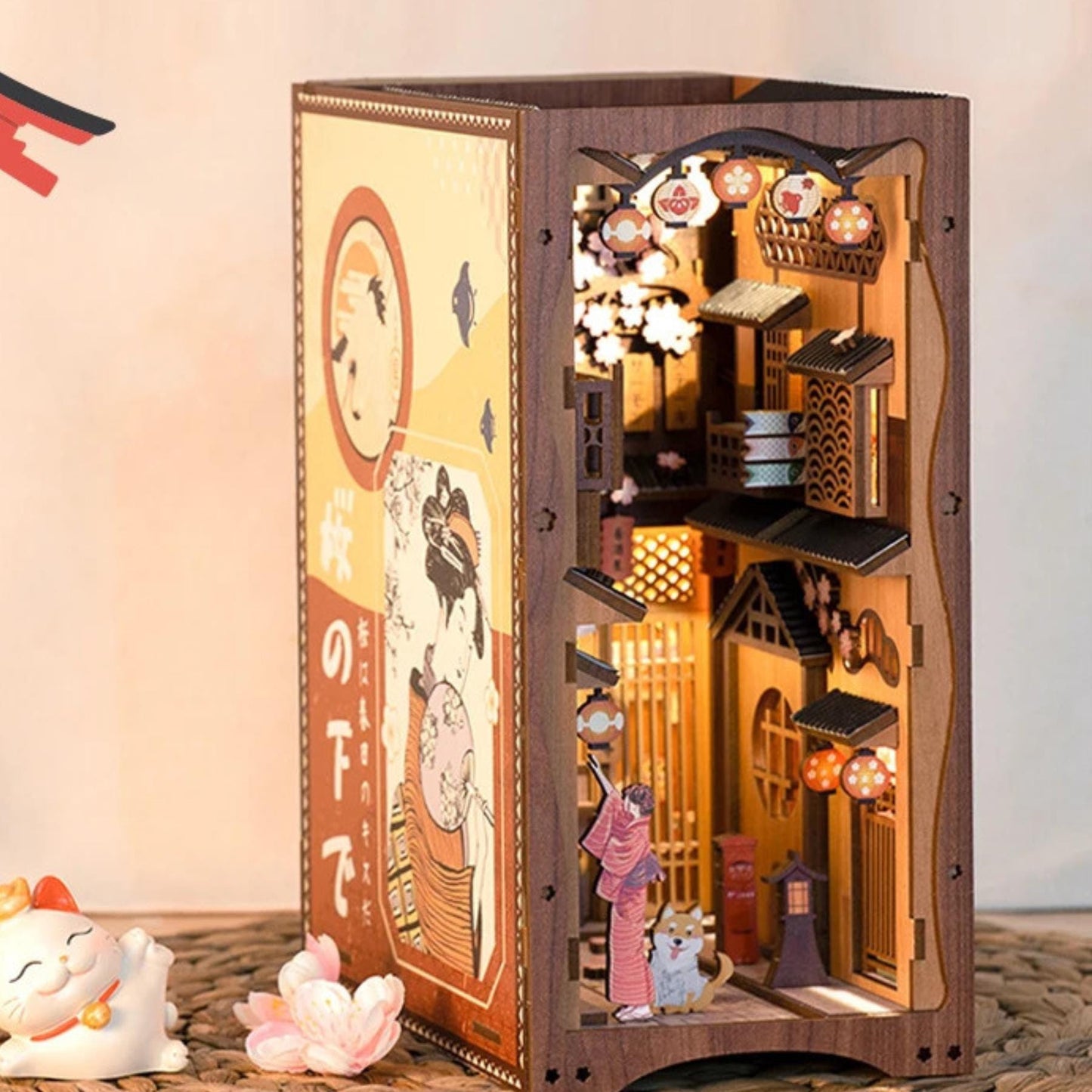 Beneath the Sakura Blossoms Book nook | Under the sakura Tree Bookshelf decoration | 3D DIY Wooden Puzzle Miniature | Cadeau parfait pour serre-livres.