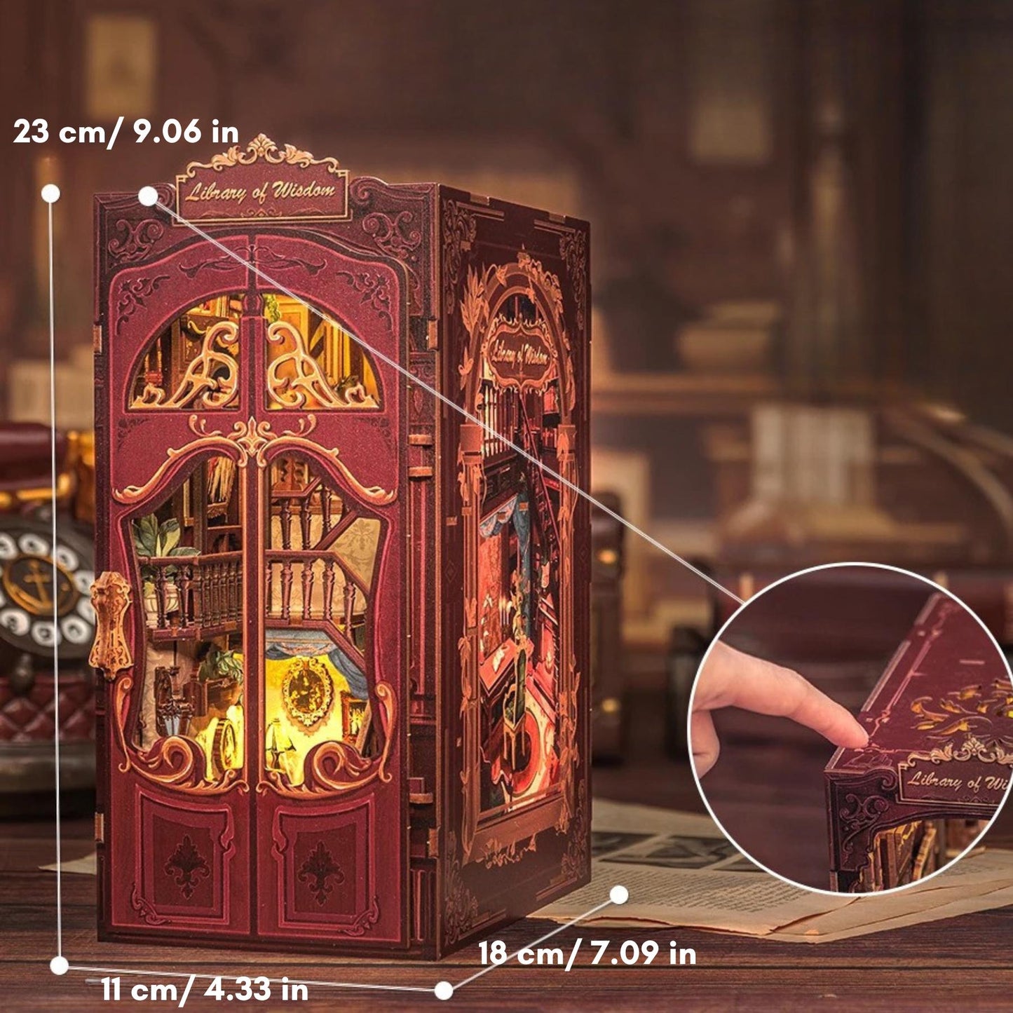 Book nook La Bibliothèque de la Sagesse | Une salle des tomes oubliés | Décoration d’étagère | Puzzle miniature 3D en bois à assembler soi-même | Cadeau parfait en tant que serre-livres.