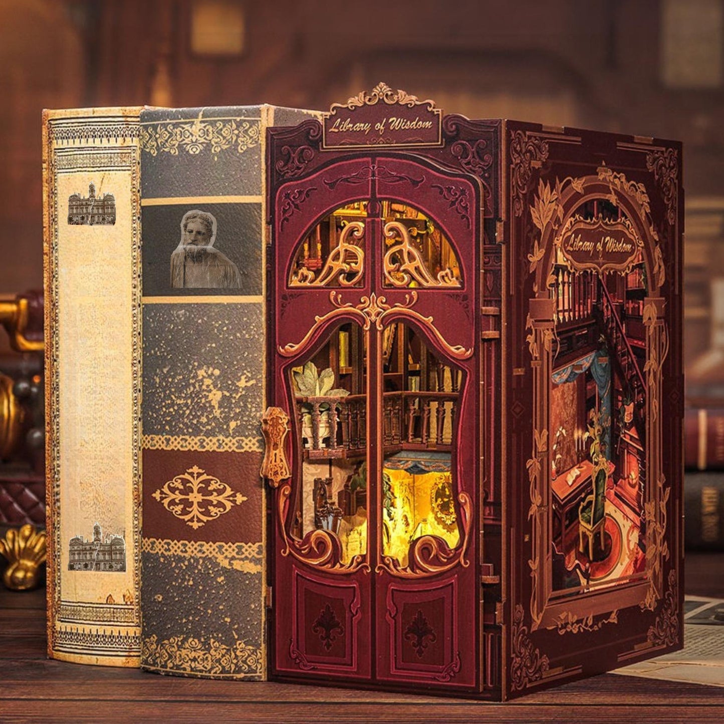 Book nook La Bibliothèque de la Sagesse | Une salle des tomes oubliés | Décoration d’étagère | Puzzle miniature 3D en bois à assembler soi-même | Cadeau parfait en tant que serre-livres.