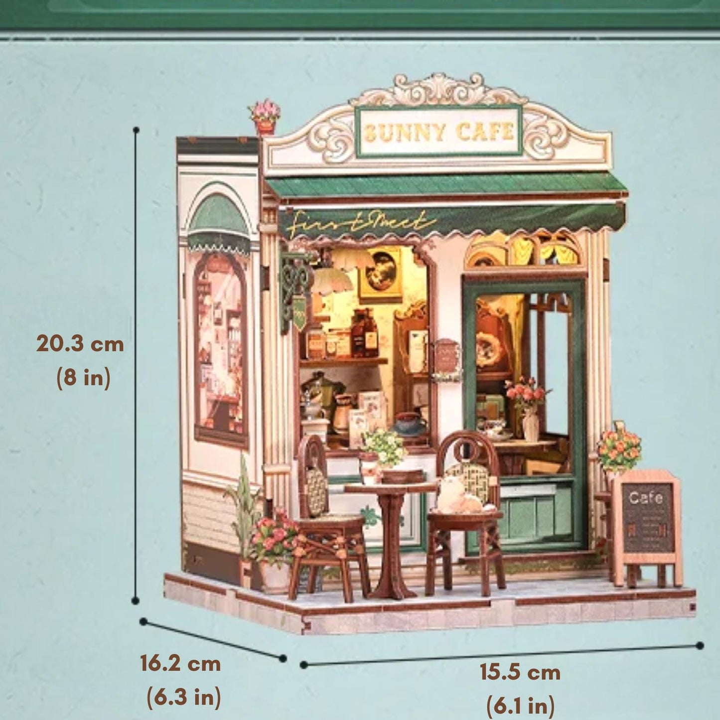 The Sunny Cafe book nook – Décoration d'étagère style café rétro – Puzzle miniature en bois 3D à assembler soi-même – Cadeau parfait en guise de serre-livres