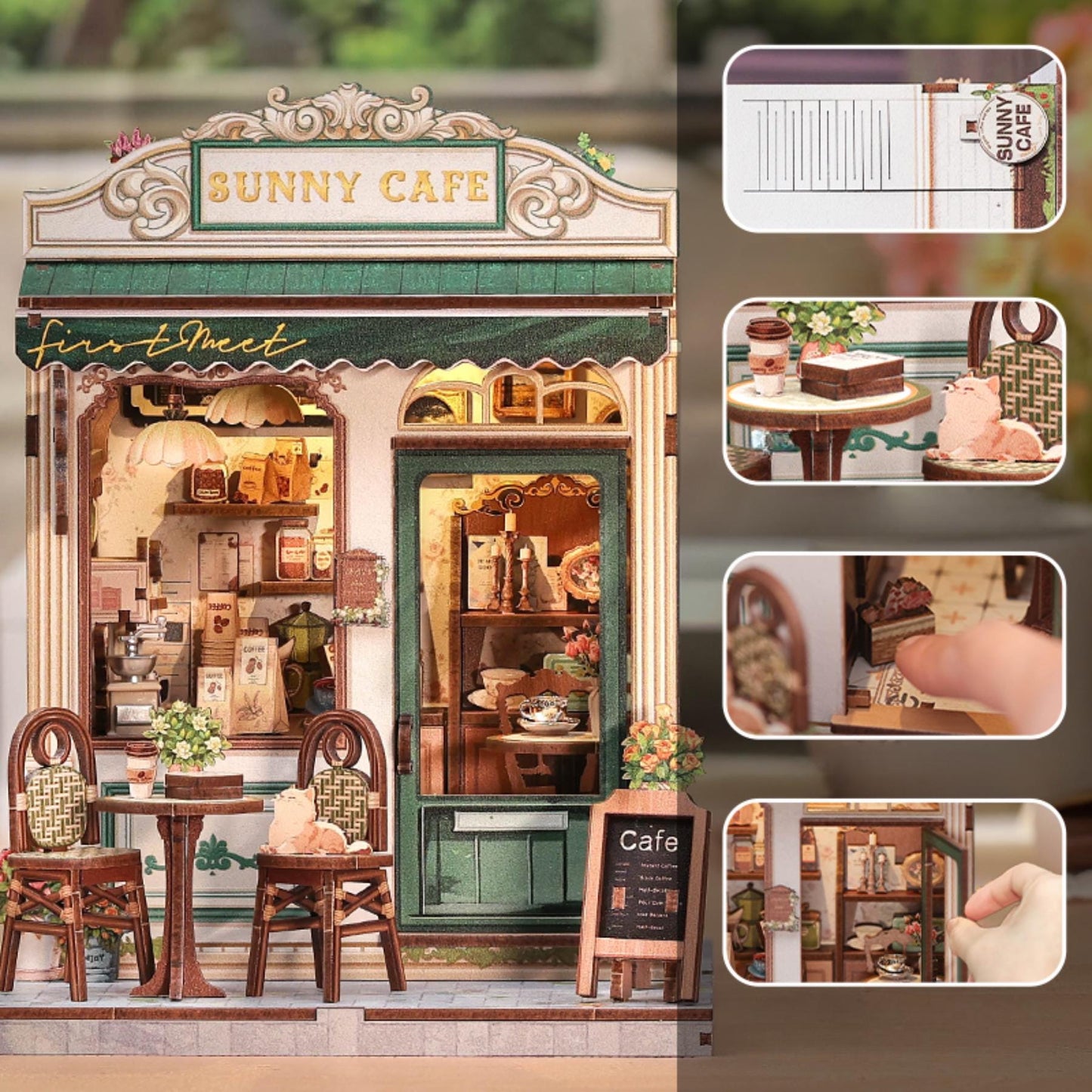 The Sunny Cafe book nook – Décoration d'étagère style café rétro – Puzzle miniature en bois 3D à assembler soi-même – Cadeau parfait en guise de serre-livres