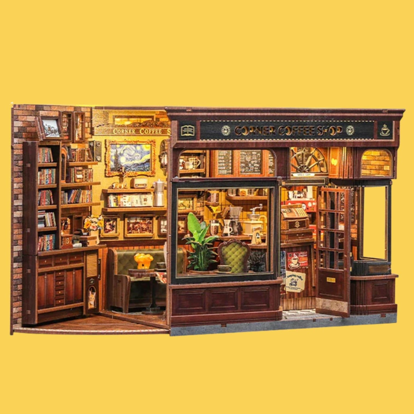 The Coffee Shop book nook – Décoration d'étagère coin café – Puzzle miniature en bois 3D à assembler soi-même – Cadeau parfait en guise de serre-livres
