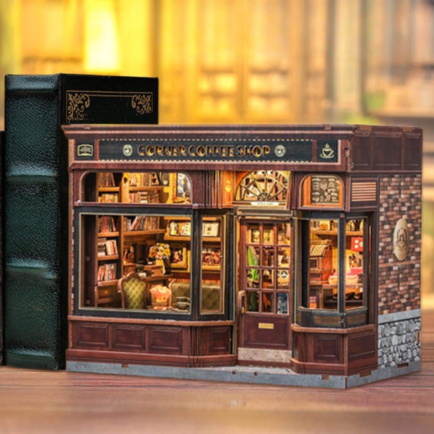 The Coffee Shop Book nook | Corner Coffee Shop Bookshelf decoration | 3D DIY Wooden Puzzle Miniature| Perfect book ends gift.