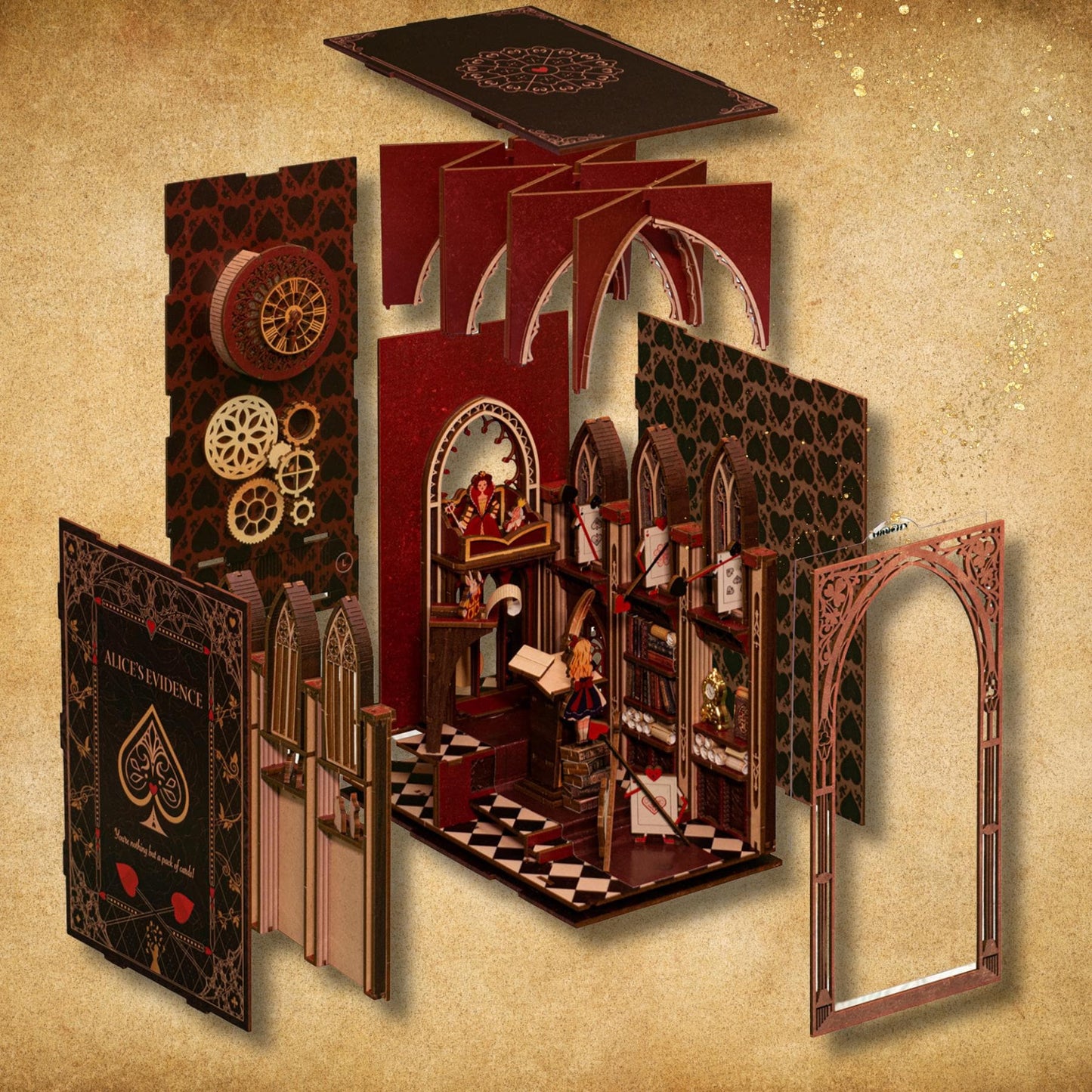 Alice’s Enchanted Trial Book Nook | Alice in Court Bookshelf Decoration | 3D DIY Wooden Puzzle Miniature | Perfect Bookend Gift