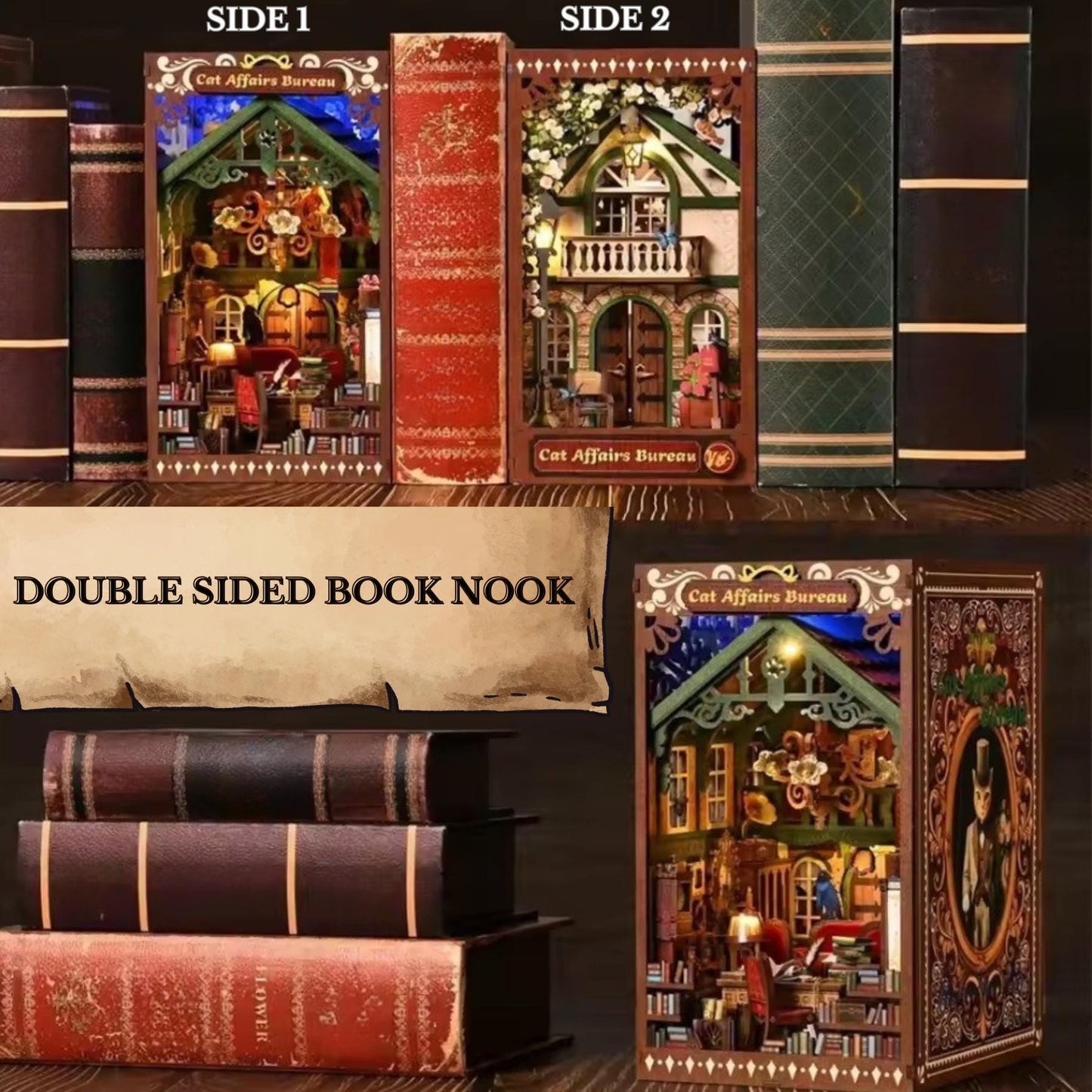 The Cat Lover's Book nook | 3D DIY Cat Affairs Bureau Book ends | Cat themed Bookshelf insert