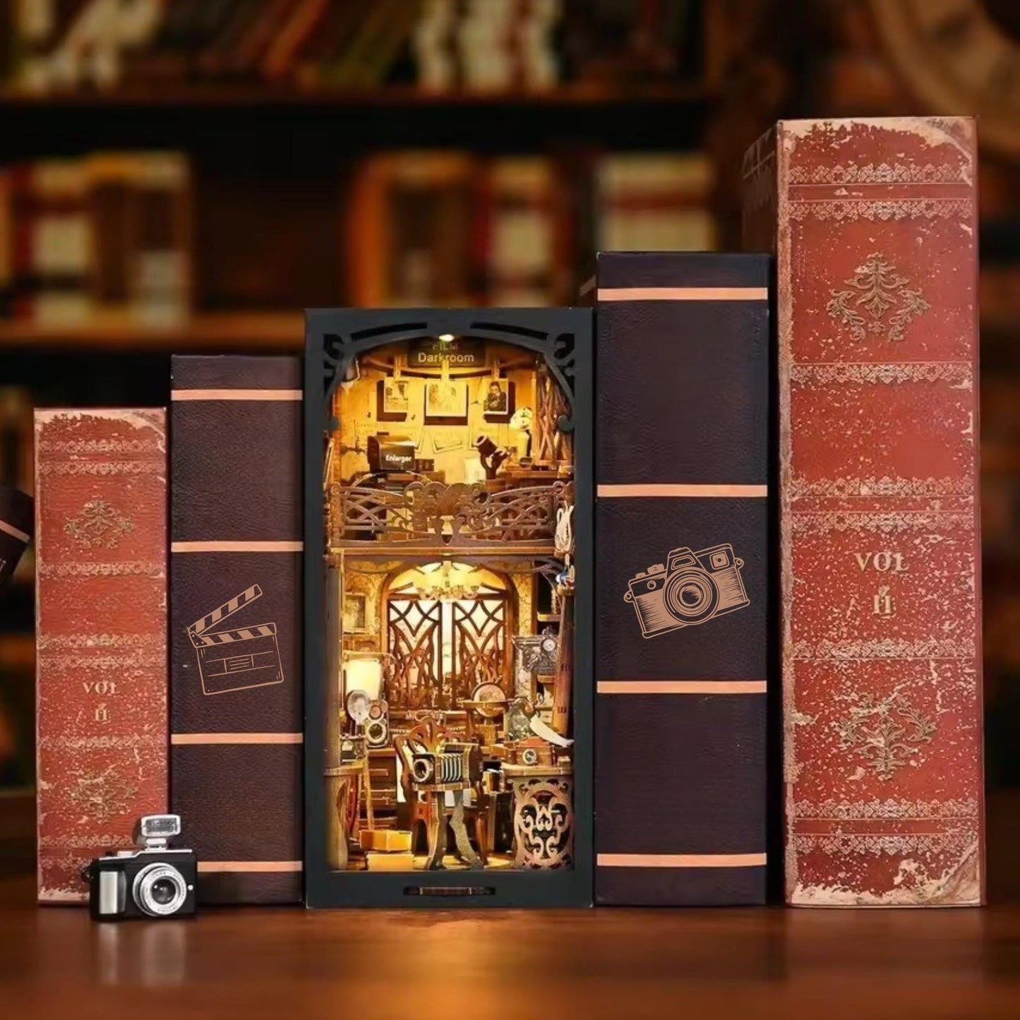 Shutter Tales from the Darkroom Book Nook | 3D DIY Film Darkroom Bookend | Vintage-Style Photography Enthusiast Bookshelf Insert