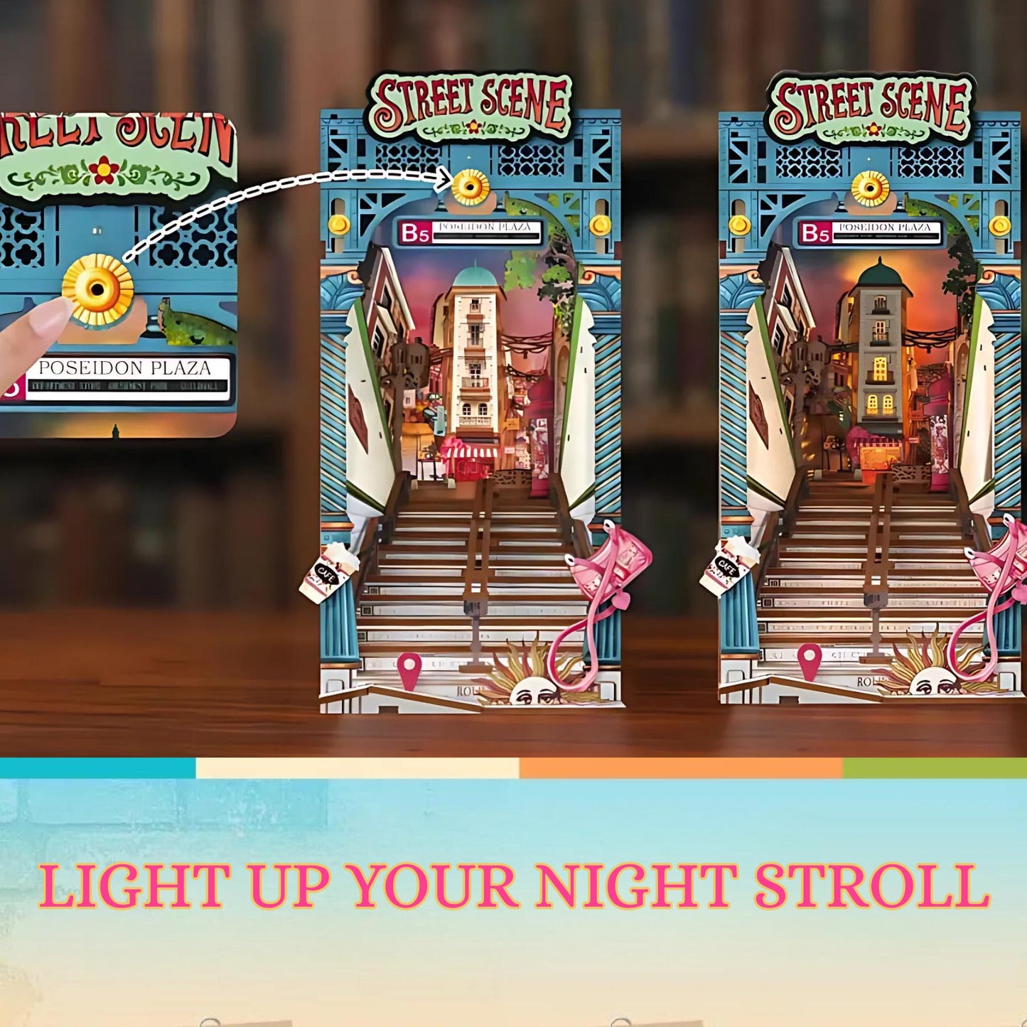 Night Street Stroll Book Nook | Street Scene Miniature Bookshelf Decoration | Book ends