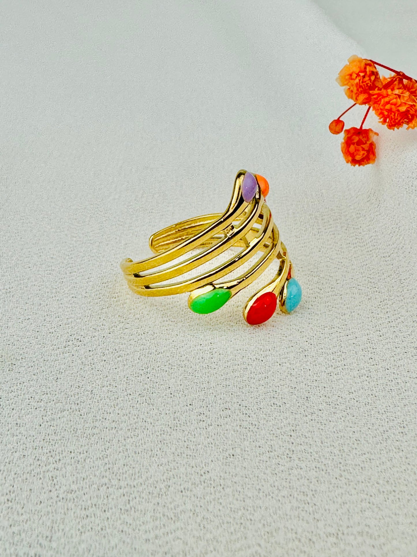RAMAS COLORIDAS adjustable ring in stainless steel for women - golden ring with multicolored resin - Gift idea - boho jewelry for women
