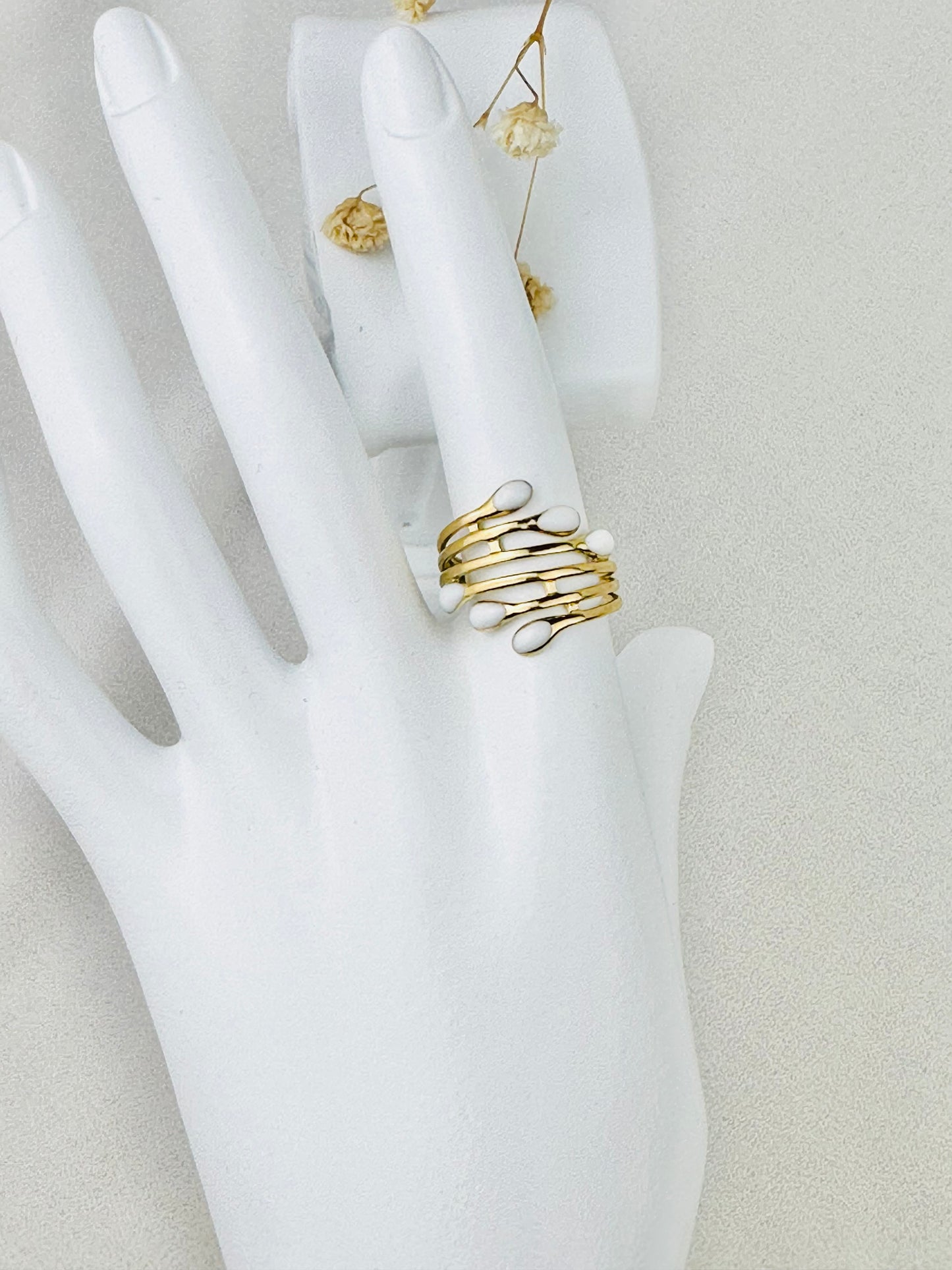 RAMAS adjustable stainless steel ring for women - golden ring with White Resin - Gift idea - boho jewelry for women.