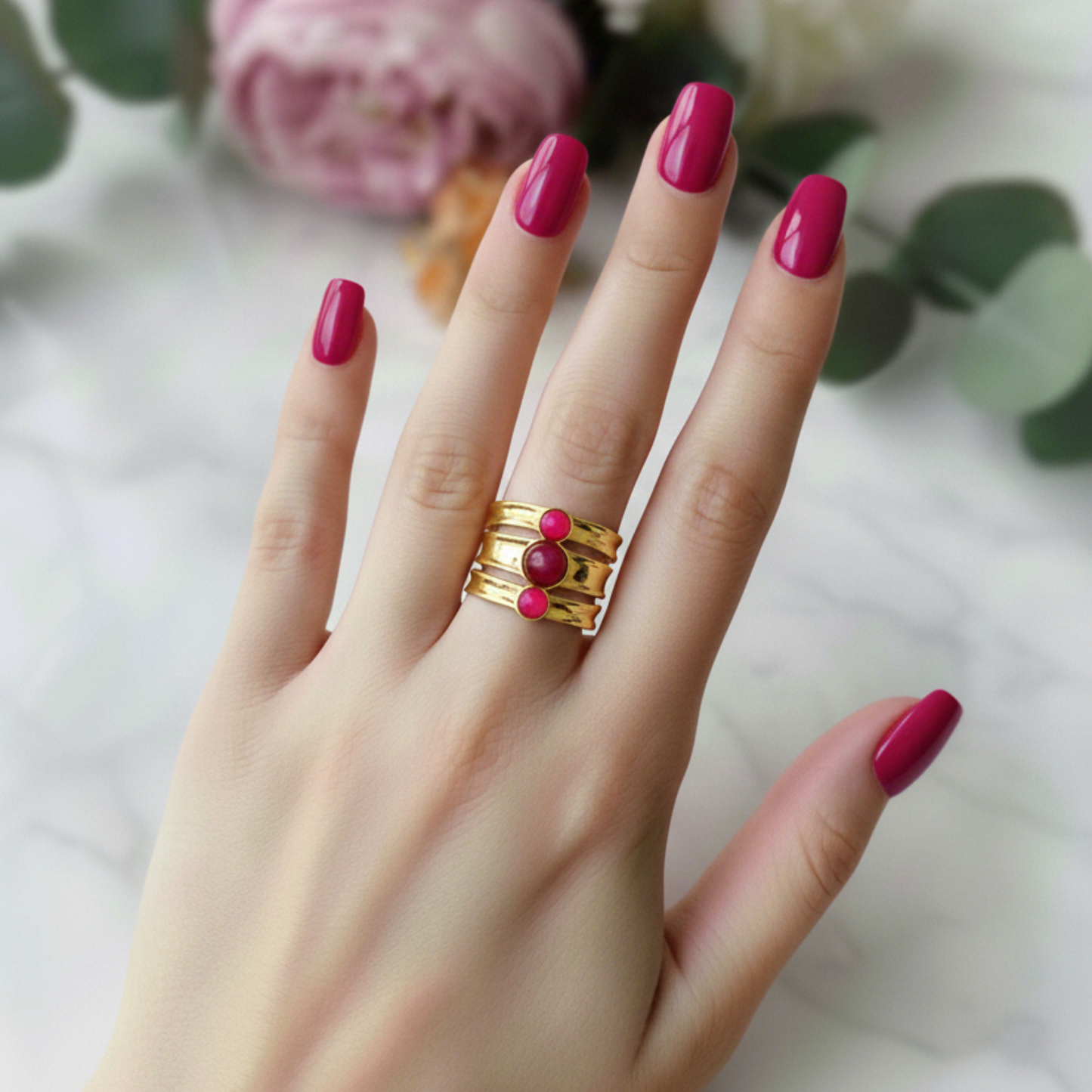 FUCHSIA verstellbarer Ring aus goldfarbenem Edelstahl für Damen – Geschenkidee – Damenschmuck