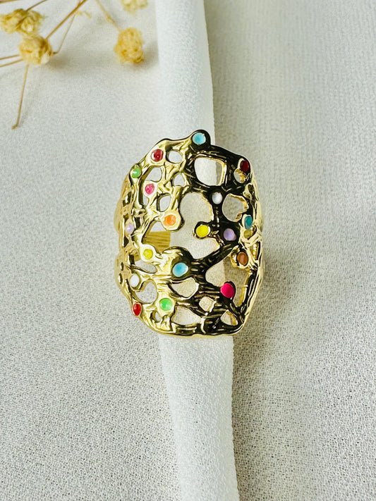 BOHEMIA verstellbarer Ring aus goldenem Edelstahl für Damen – Goldring mit farbigem Harz – Geschenkidee – Boho-Schmuck für Damen.