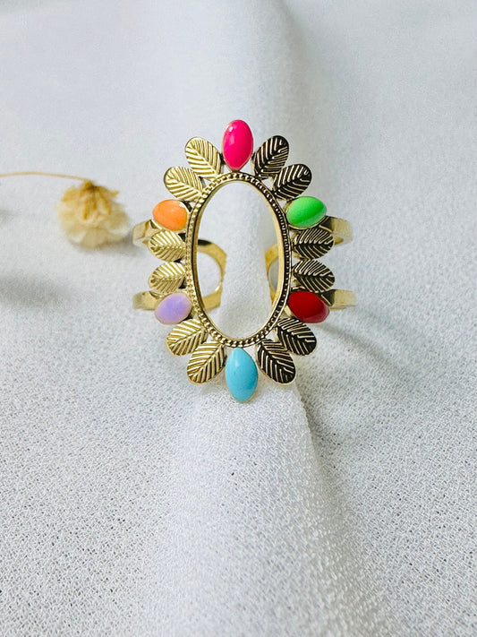 Bague ajustable ELEGANCE en acier inoxydable pour femme - bague ovale en forme de fleur émail colorée - cadeau  - bijoux pour femmes.