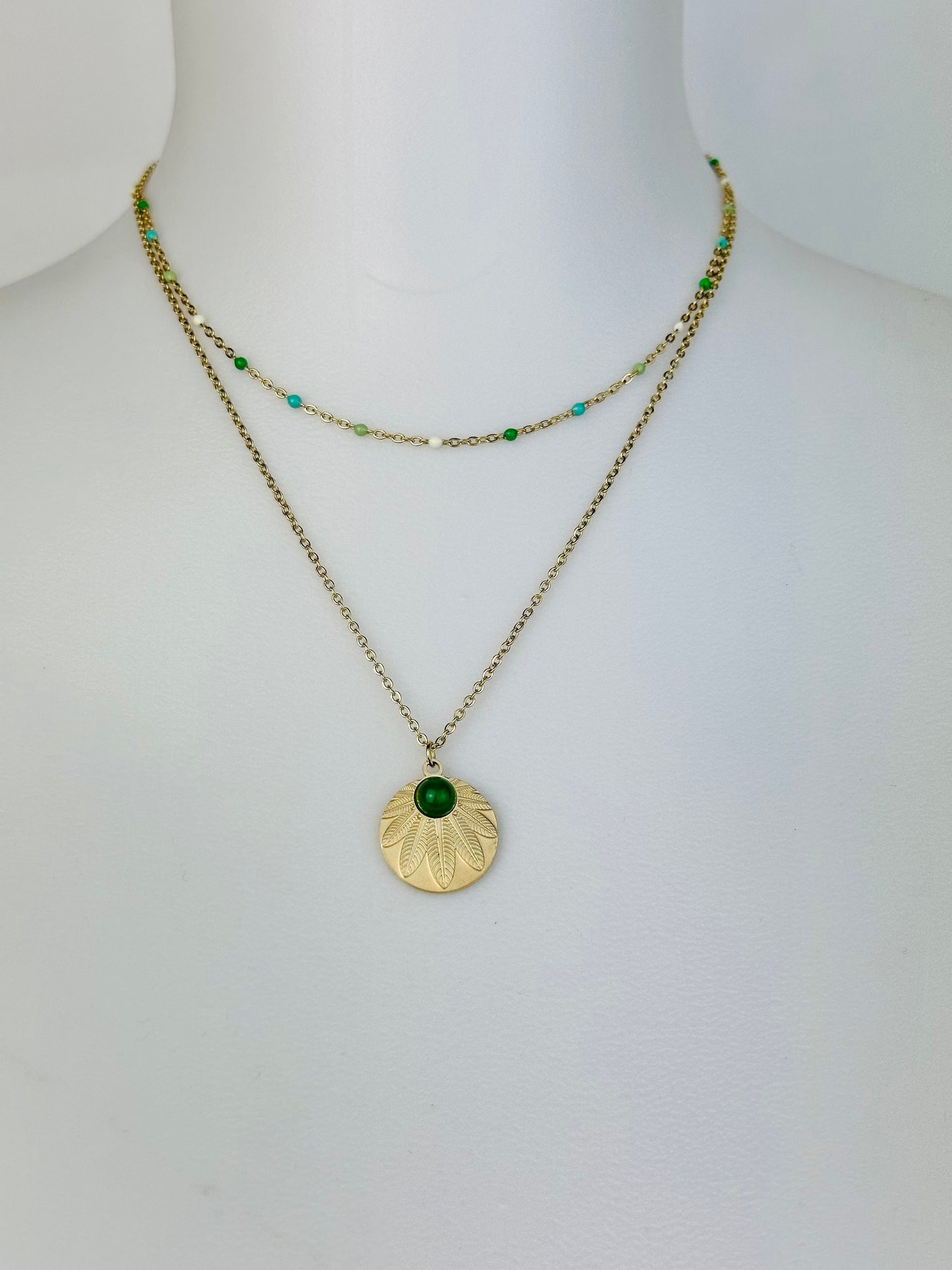 Collier DALIA chaîne dorée en  acier inoxydable • Idée cadeau • Bijoux femmes • Jewellery • Collier doré, double rang, pierre et billes