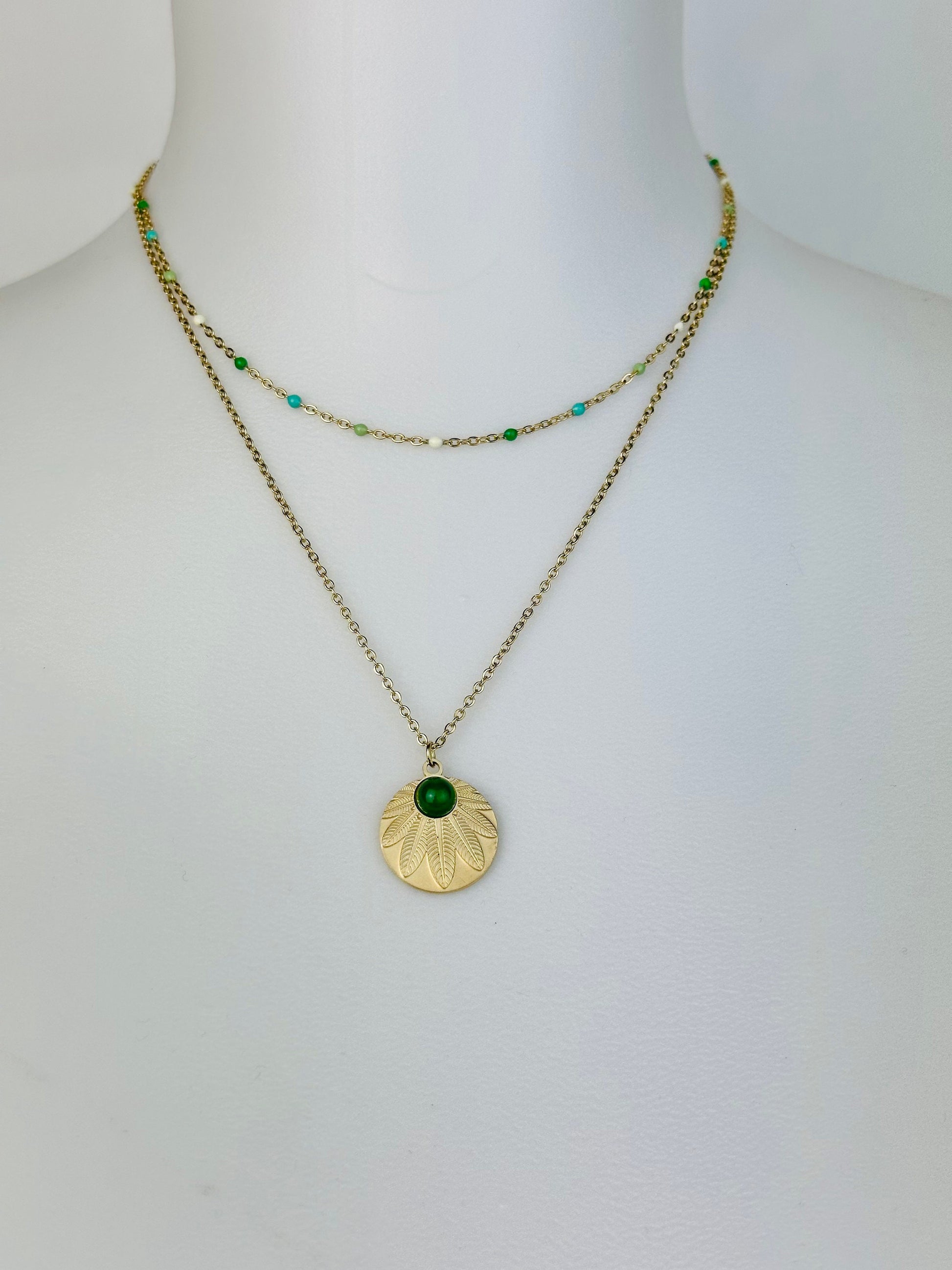 Collier DALIA chaîne dorée en  acier inoxydable • Idée cadeau • Bijoux femmes • Jewellery • Collier doré, double rang, pierre et billes