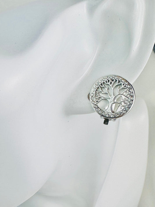 Boucle d'oreilles TREE of LIFE argentées à clips en acier inoxydable femme - boucles en forme d'arbre de vie, idée cadeau - bijoux femmes, boucles, boucles d oreilles, créoles, boucle d oreille, boucle d oreille femme, boucle d oreille anneau, bijou acier inoxydable, bijoux en acier inoxydable, bijoux inoxydables, bijoux acier inoxydable doré, site de bijoux acier inoxydable