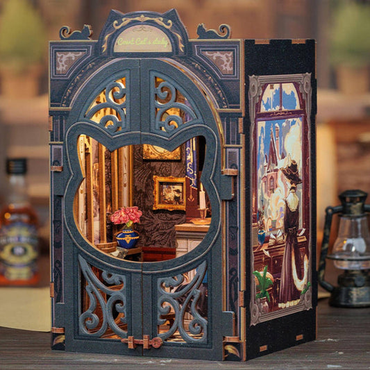 Cat Book Nook: 3D DIY Wooden Puzzle Miniature Bookshelf Insert