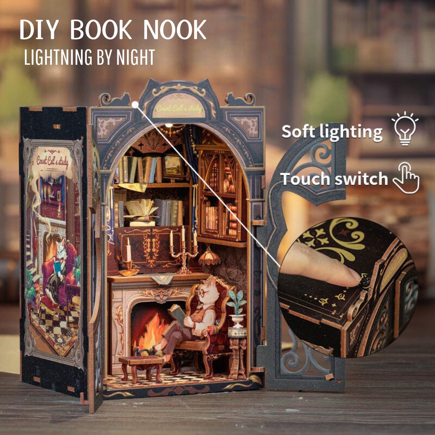 Cat Book Nook: 3D DIY Wooden Puzzle Miniature Bookshelf Insert
